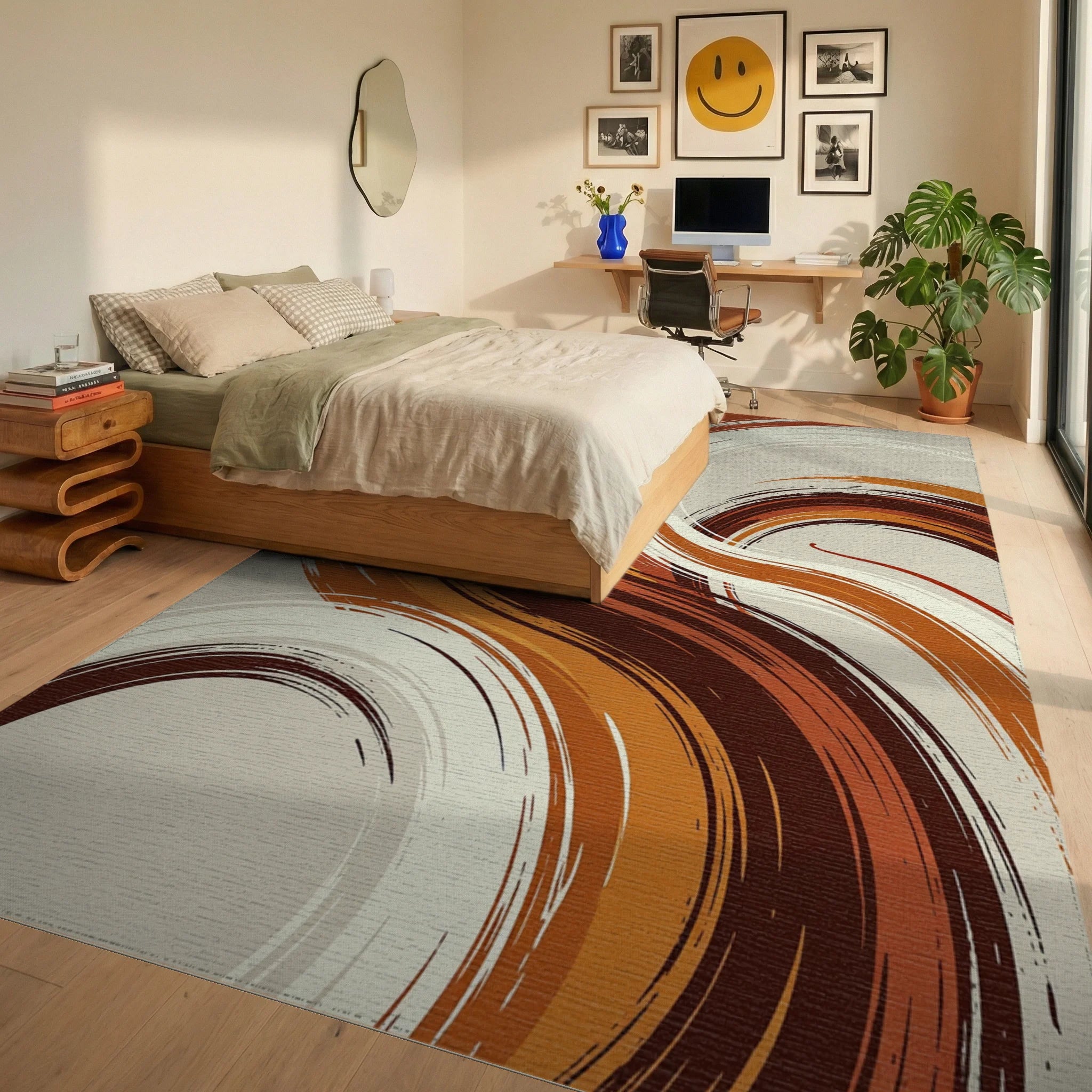 Abstract Amber Swirl Rug Bedroom View