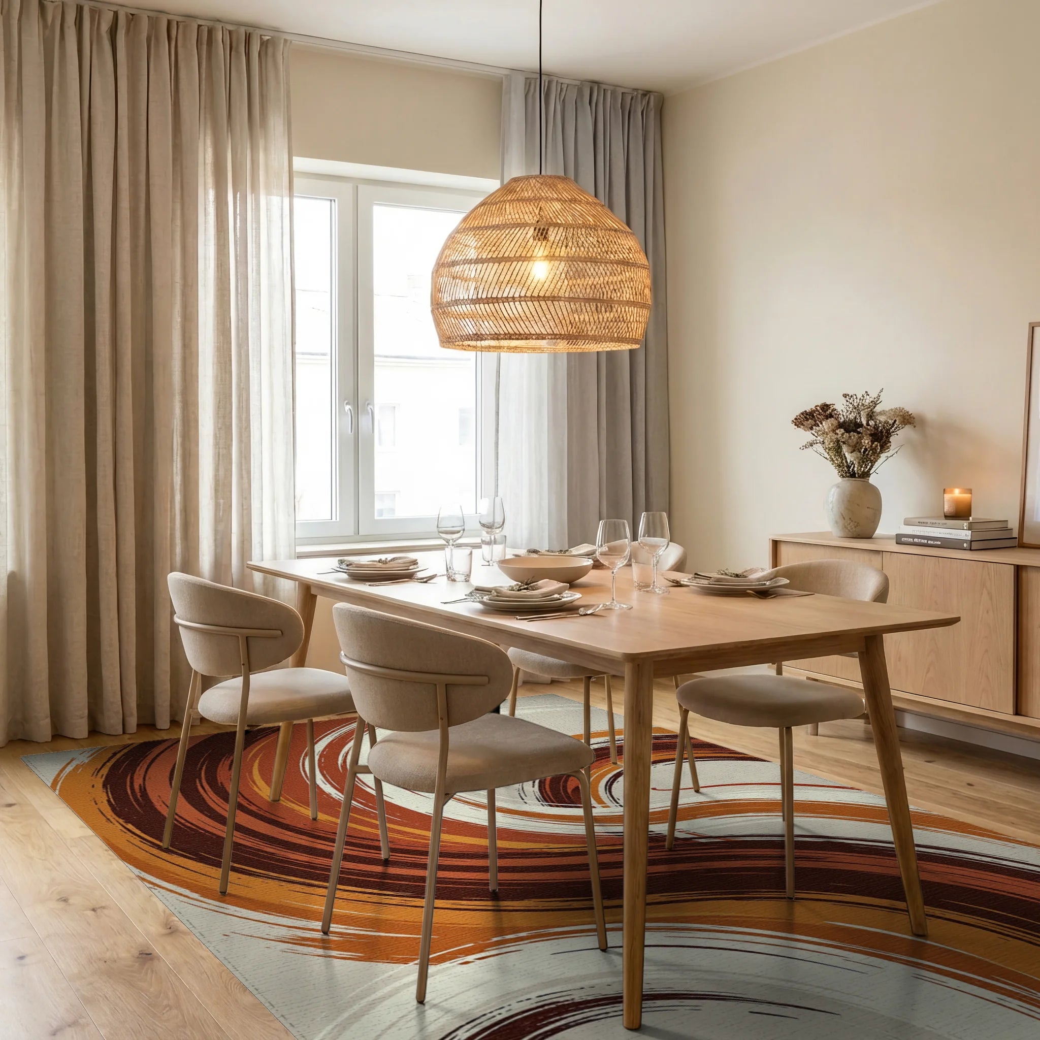 Abstract Amber Swirl Rug Dining Room View