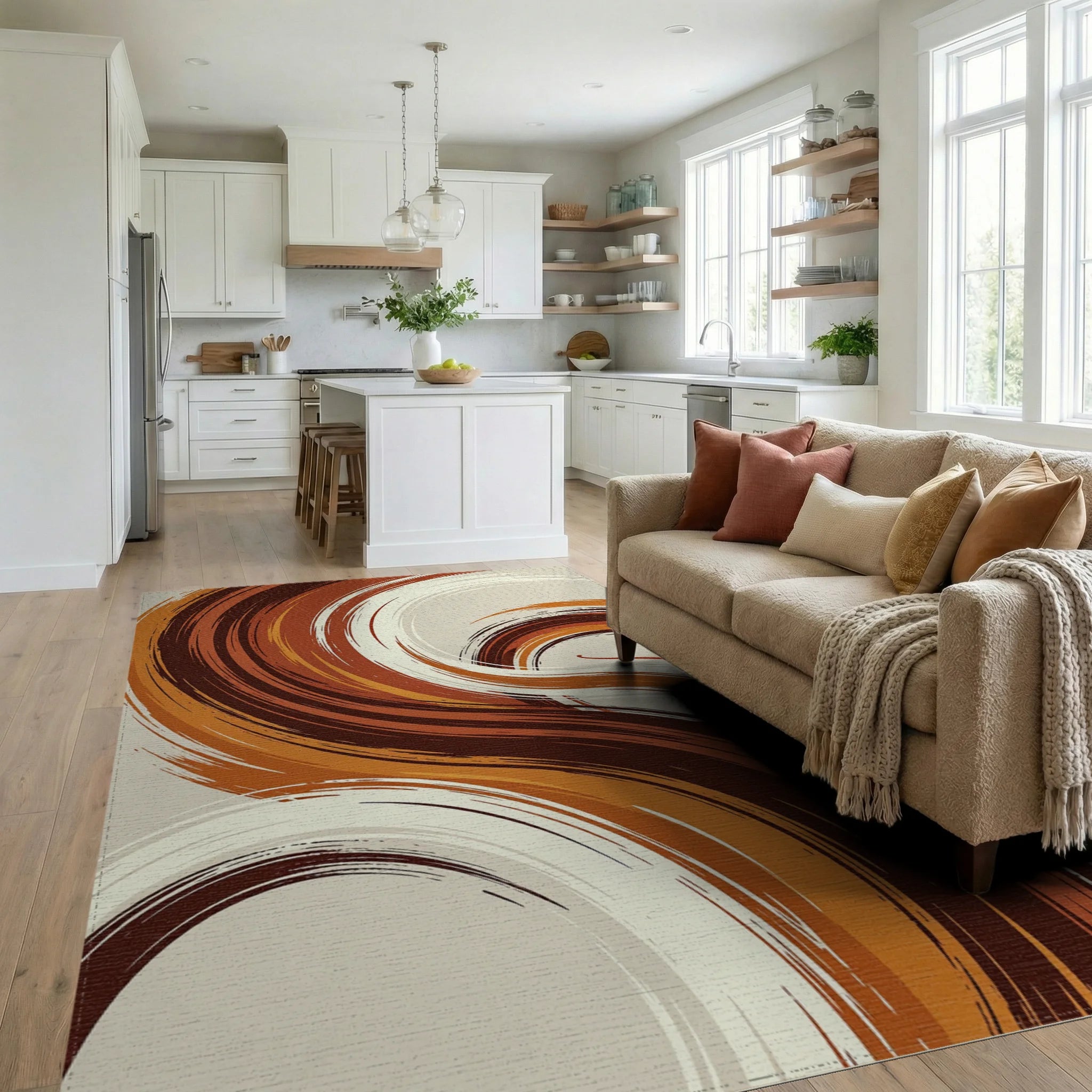 Abstract Amber Swirl Rug Living Room View