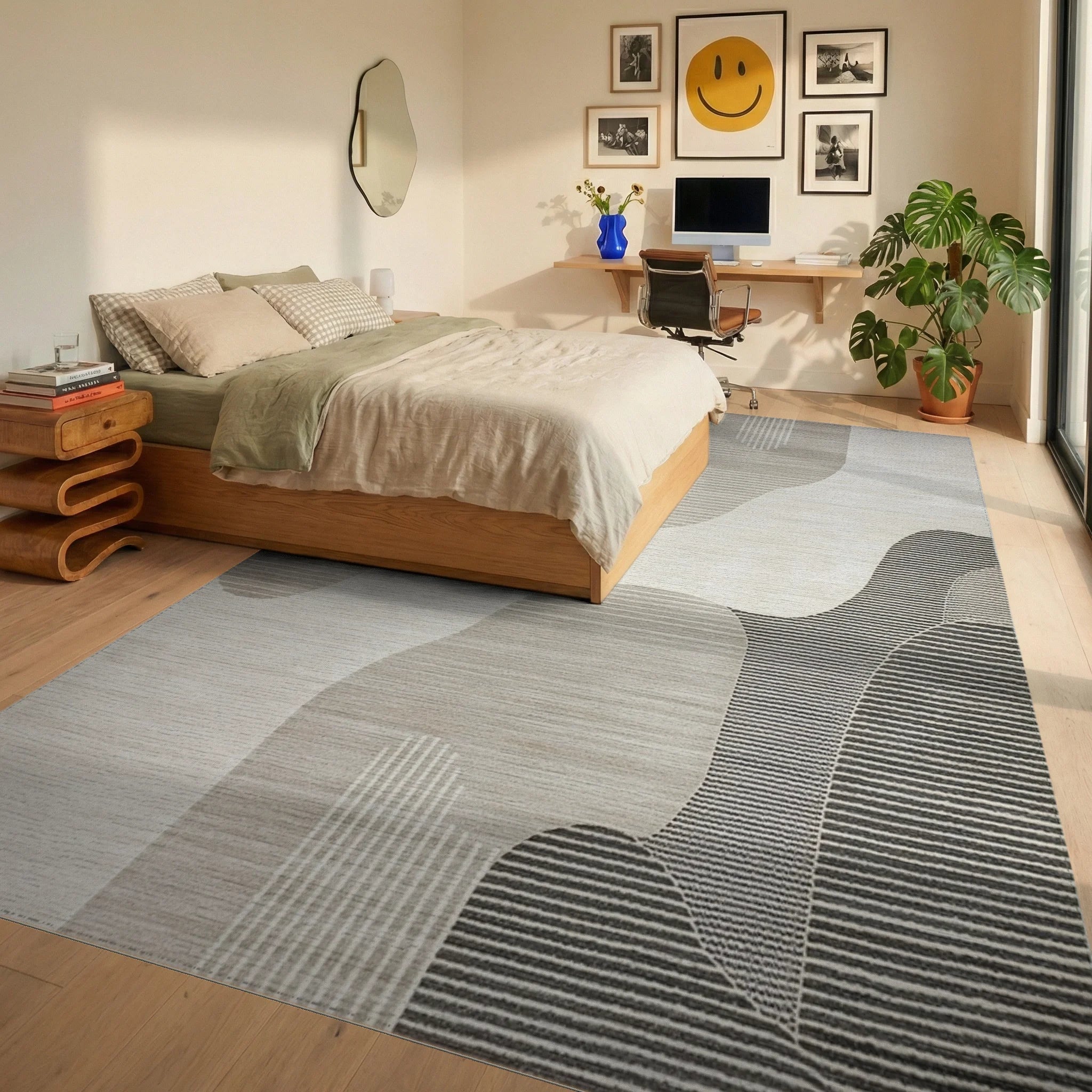 Abstract Beige Layered Symmetrical Shapes Rug - Bedroom View