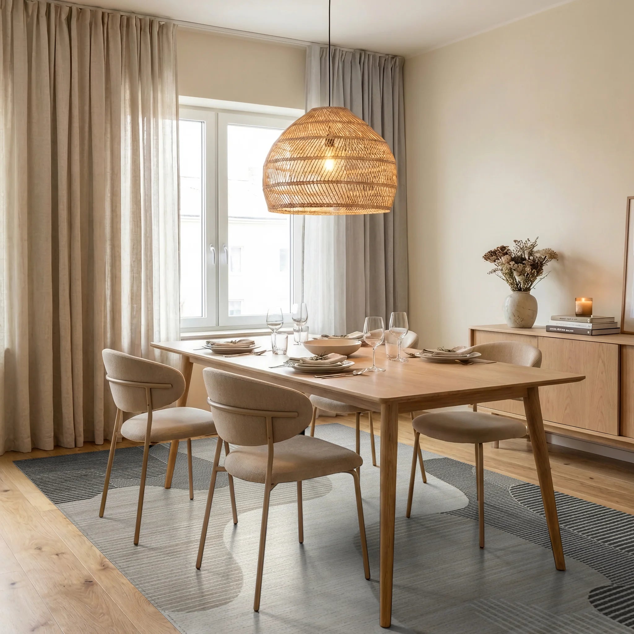 Abstract Beige Layered Symmetrical Shapes Rug - Dining Room View