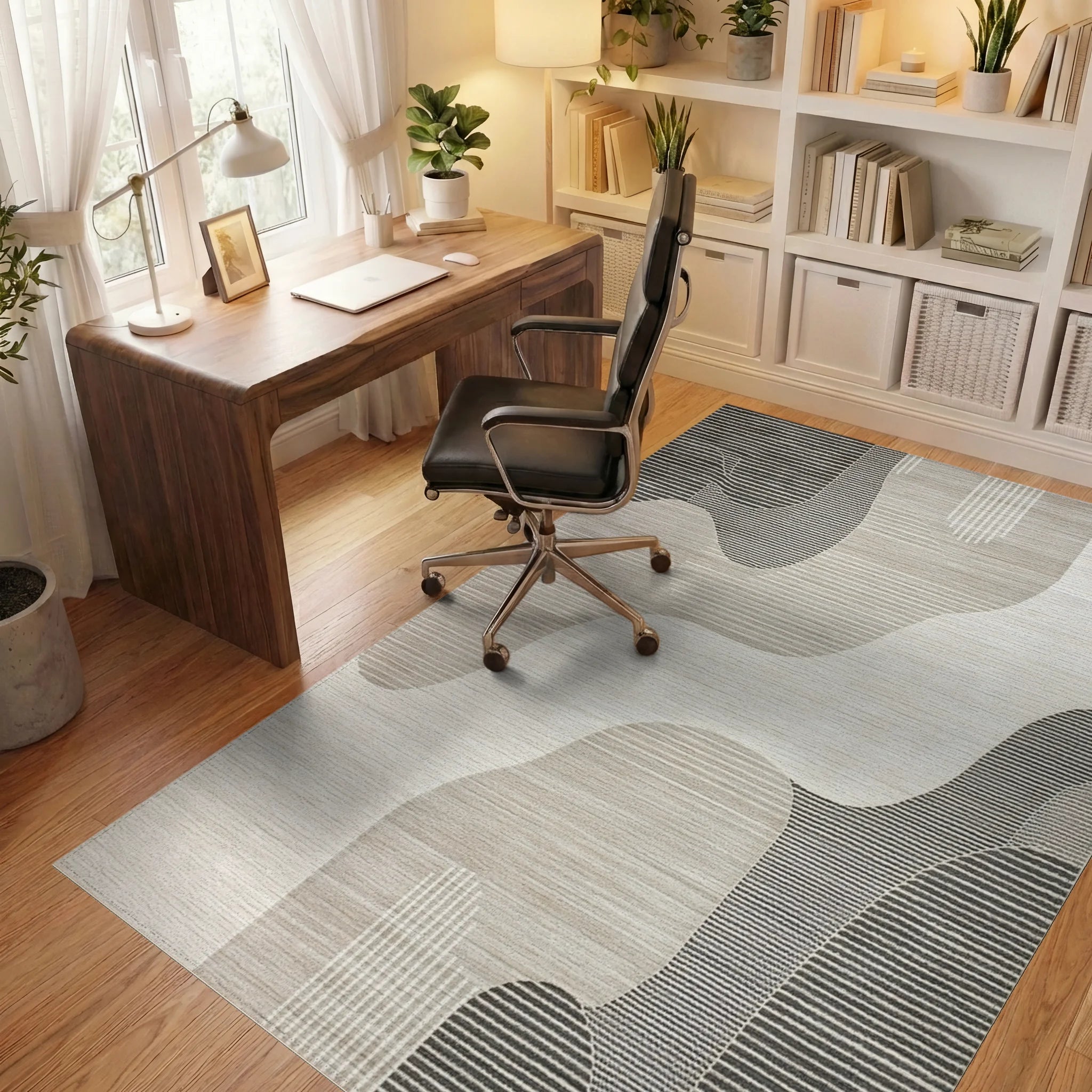 Abstract Beige Layered Symmetrical Shapes Rug - Office View