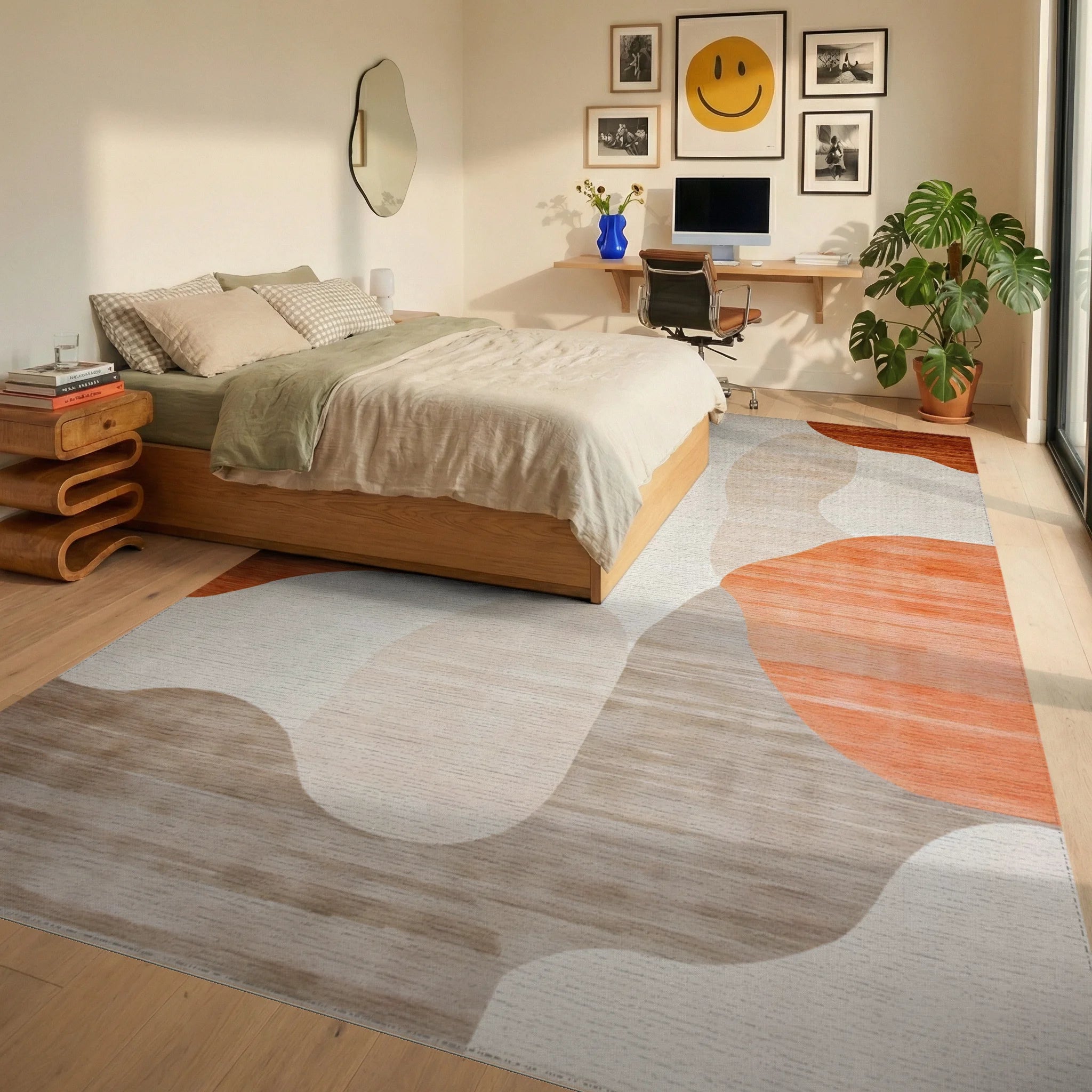 Abstract Beige Orange Shapes Rug - Bedroom View