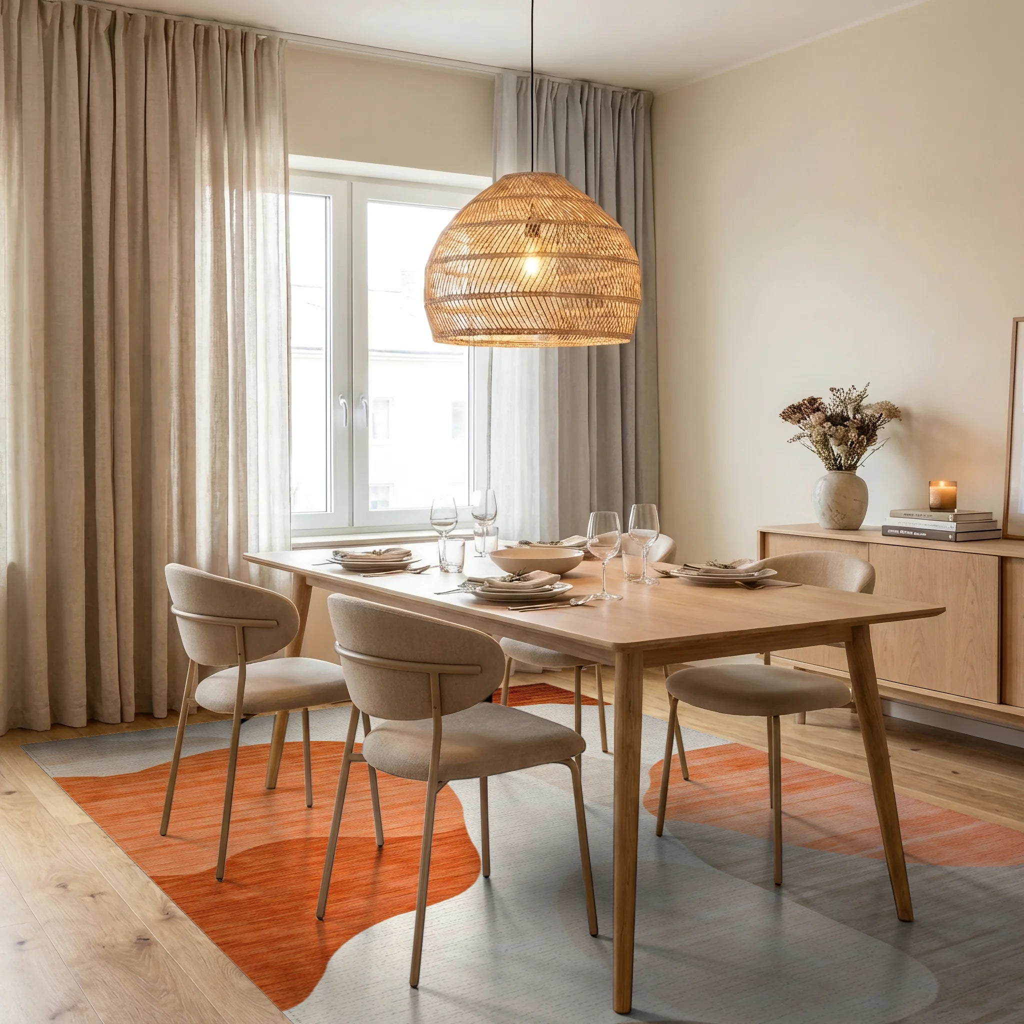 Abstract Beige Orange Shapes Rug - Dining Room View
