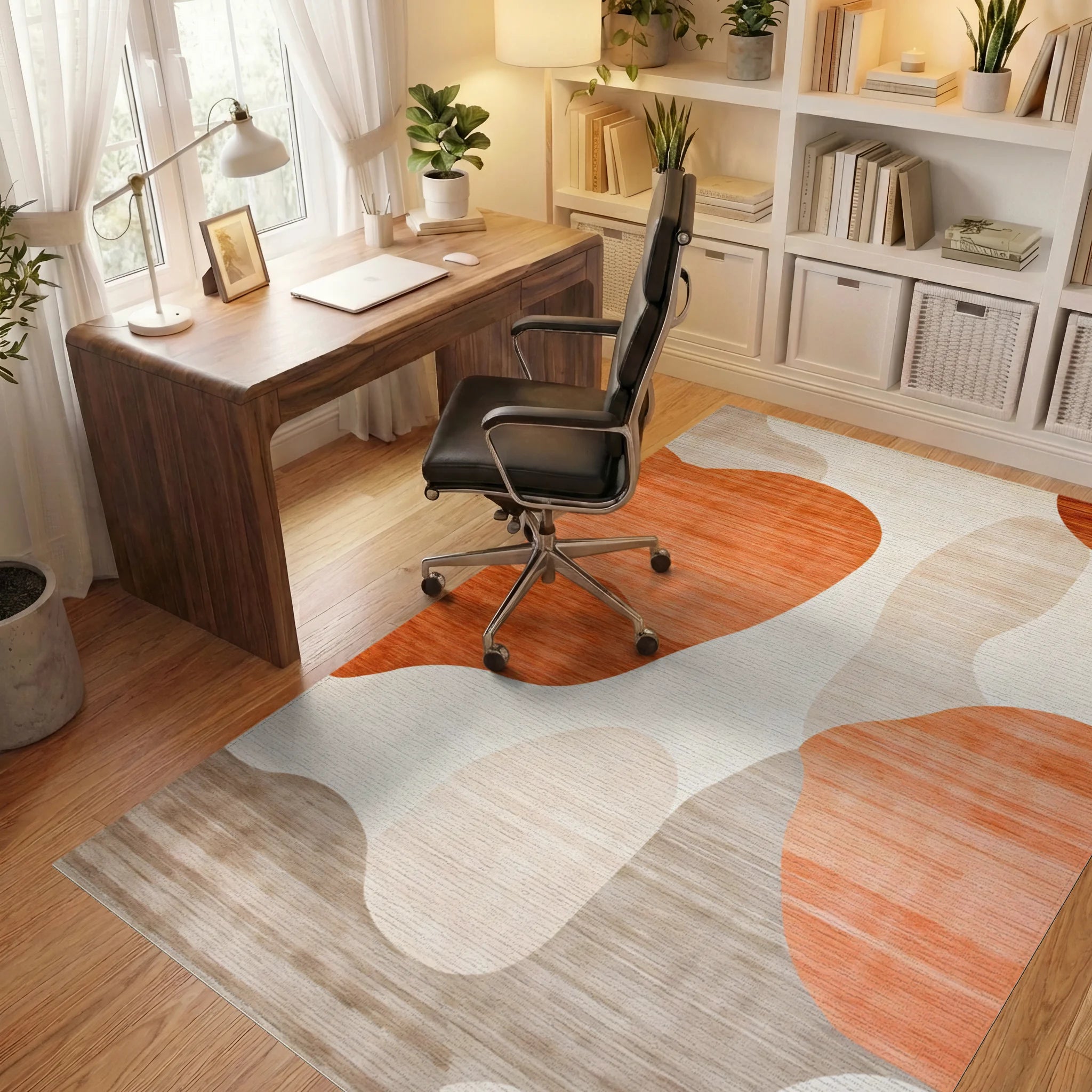 Abstract Beige Orange Shapes Rug - Office View