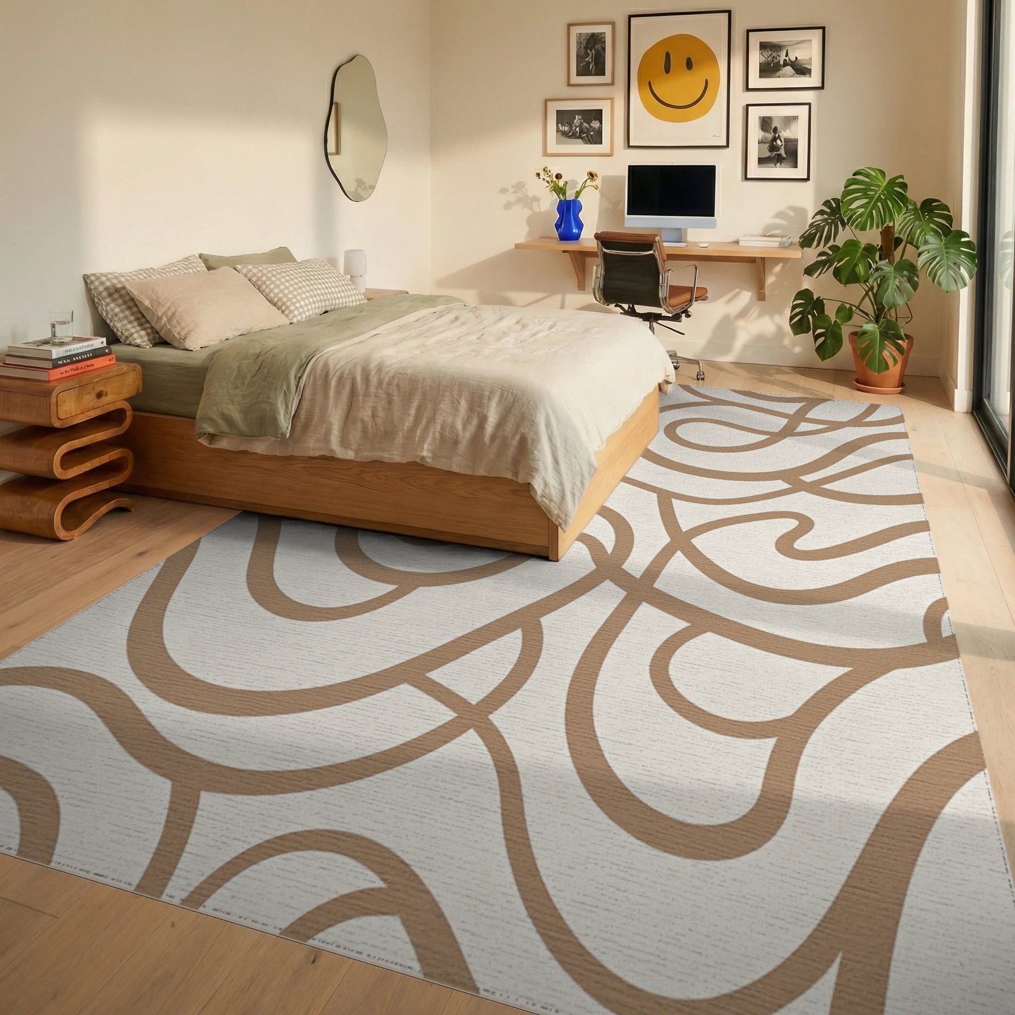 Abstract Beige Wavy Pattern Rug Bedroom View