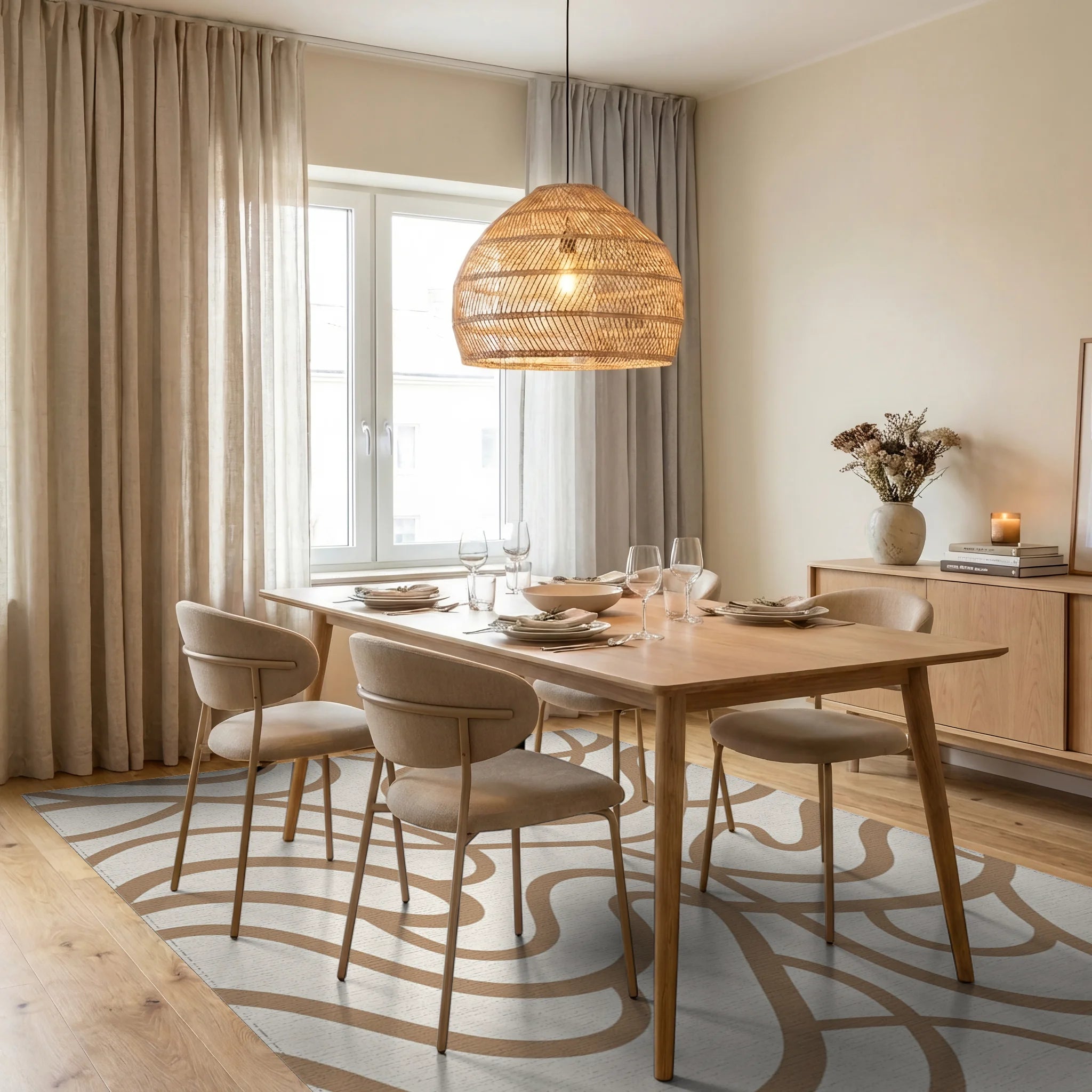 Abstract Beige Wavy Pattern Rug Dining Room View