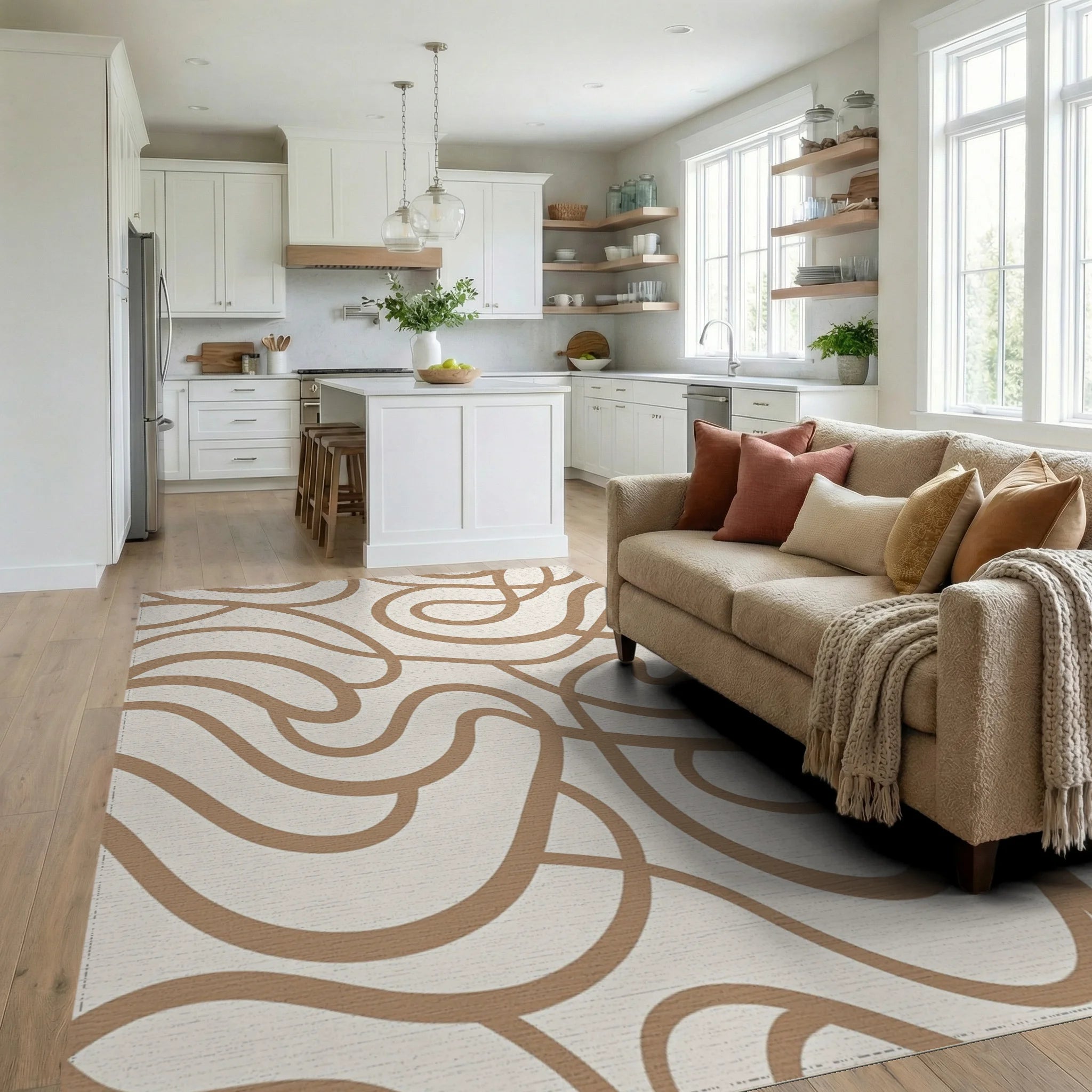 Abstract Beige Wavy Pattern Rug Living Room View