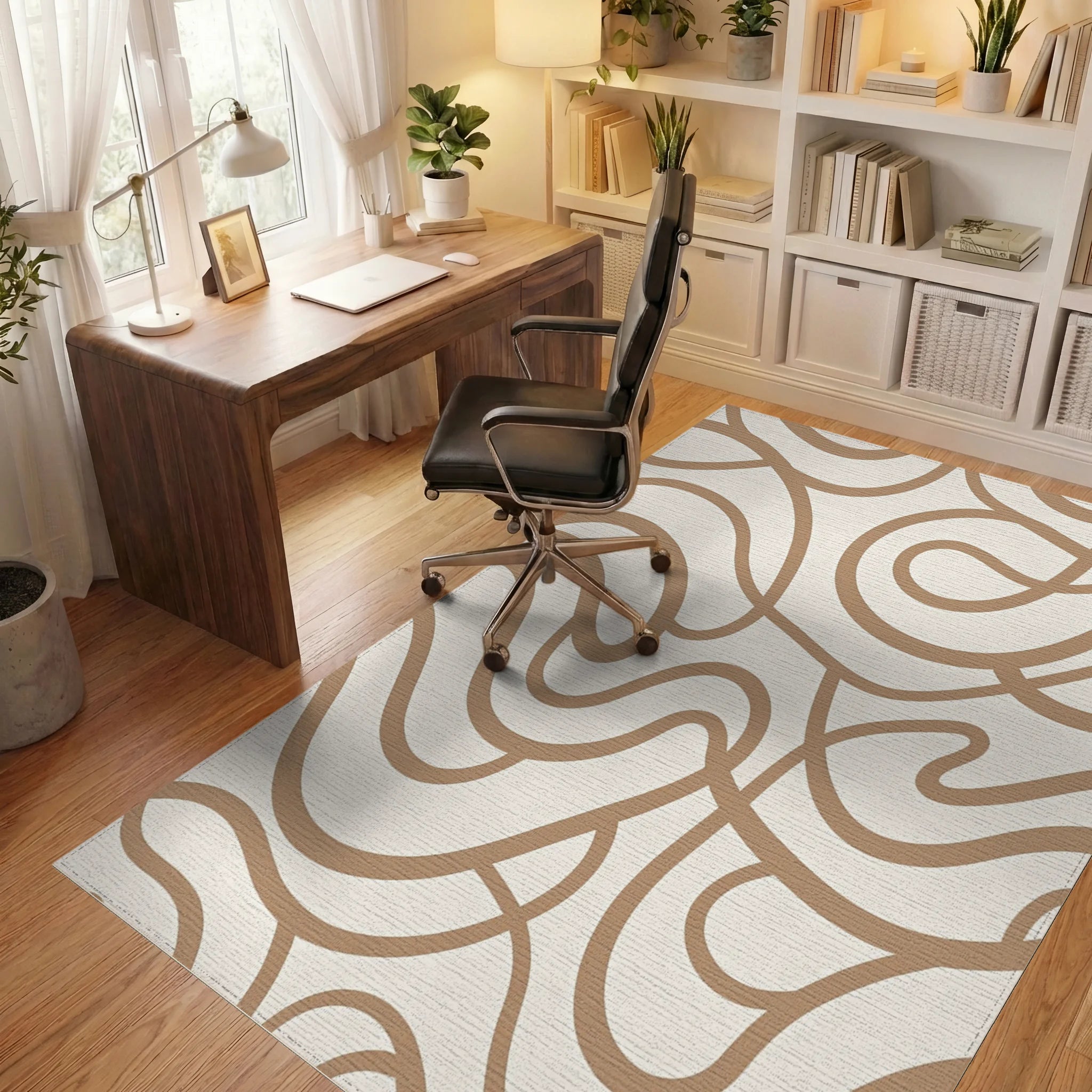 Abstract Beige Wavy Pattern Rug Office View