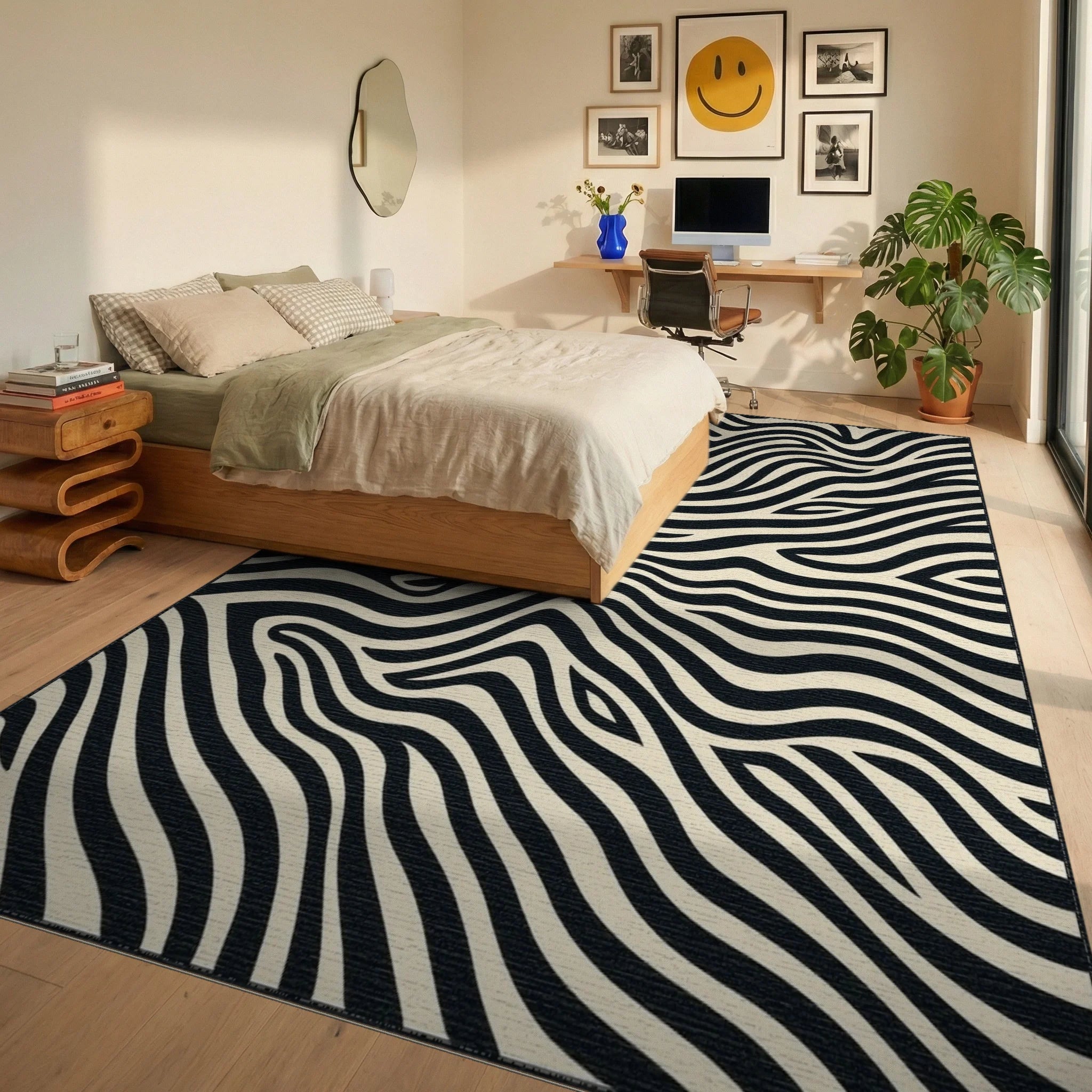 Abstract Black Cream Zebra Stripes Rug Bedroom View
