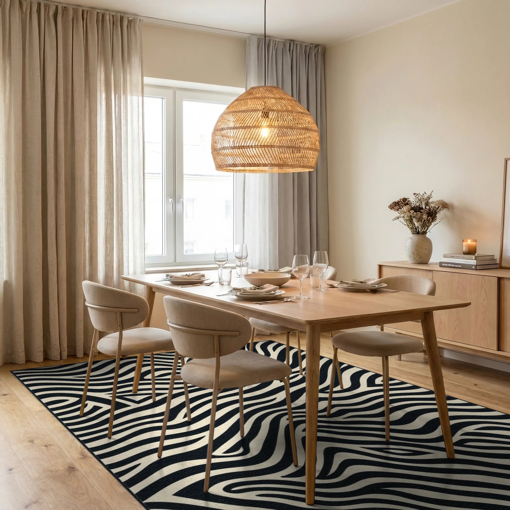 Abstract Black Cream Zebra Stripes Rug Dining Room View