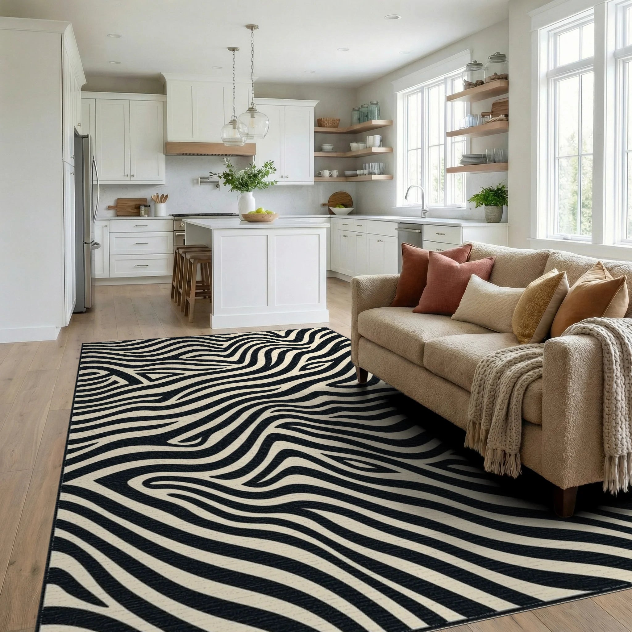 Abstract Black Cream Zebra Stripes Rug Living Room View