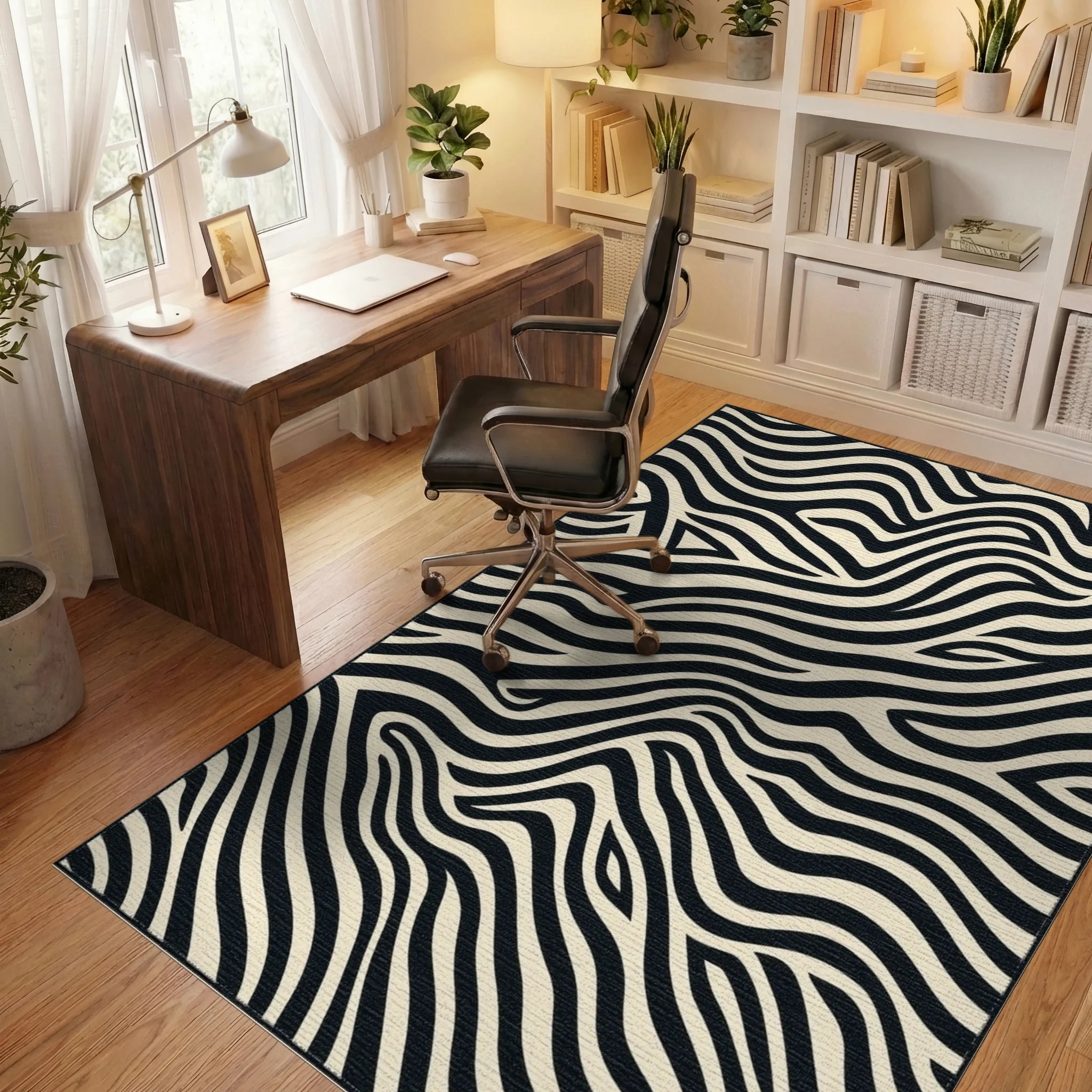 Abstract Black Cream Zebra Stripes Rug Office View