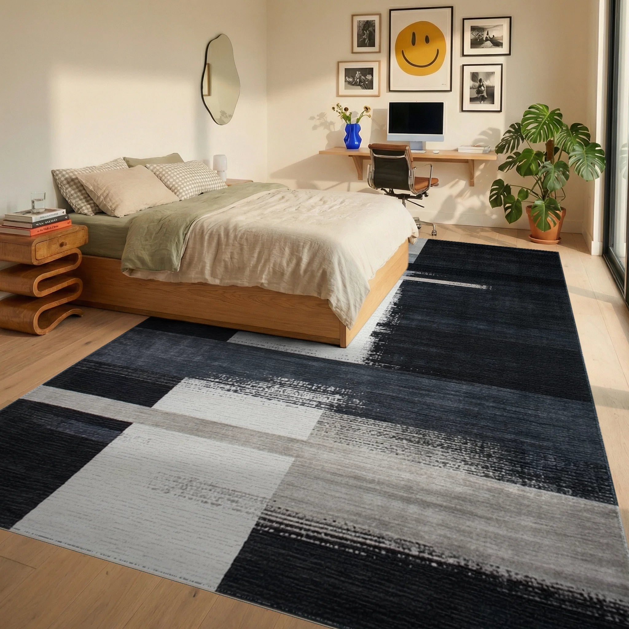 Abstract Black White Geometric Blocks Rug - Bedroom View