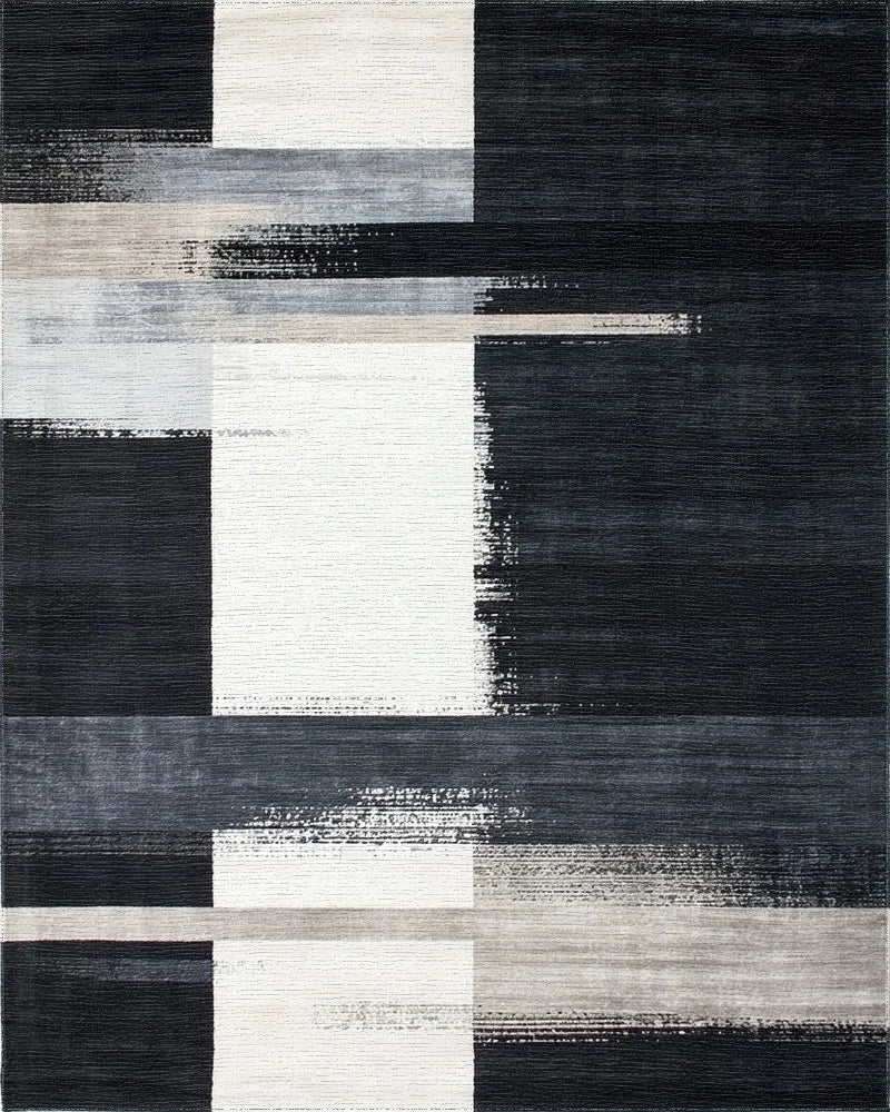 Abstract Black White Geometric Blocks Rug - Cutout View