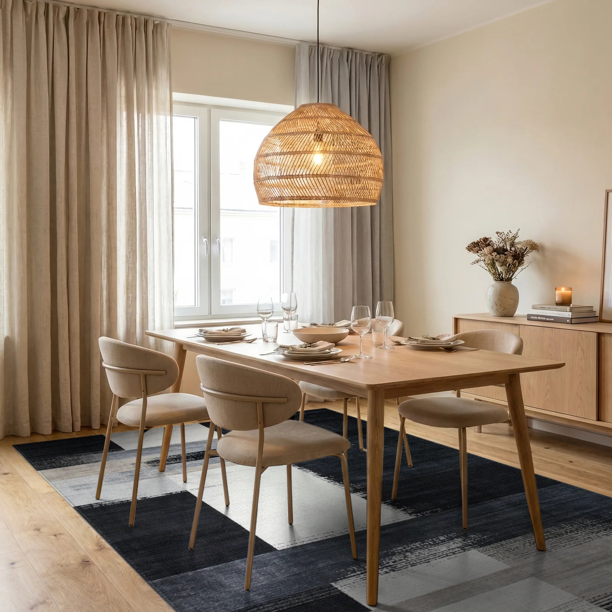 Abstract Black White Geometric Blocks Rug - Dining Room View