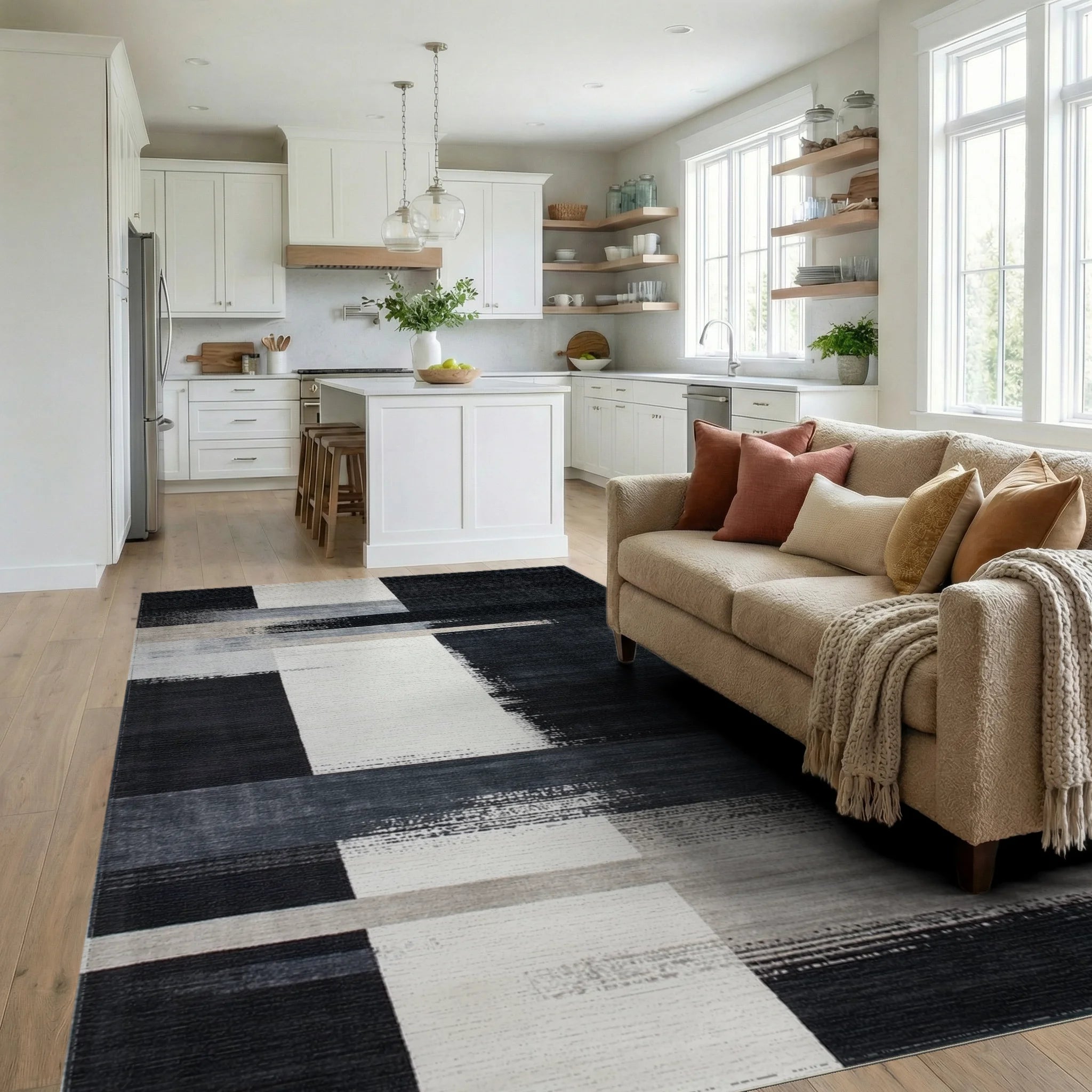 Abstract Black White Geometric Blocks Rug - Living Room View