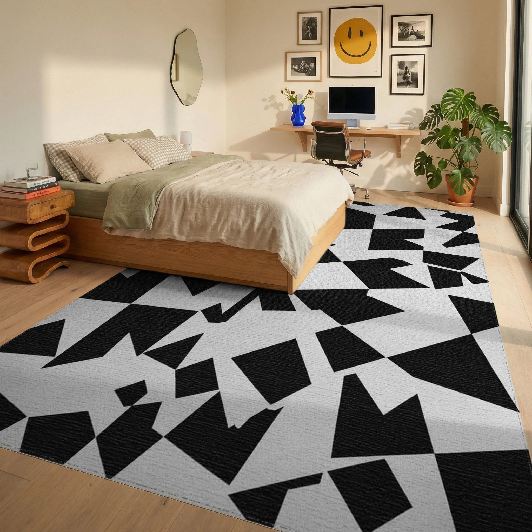Abstract Black White Geometric Fragment Rug - Bedroom View