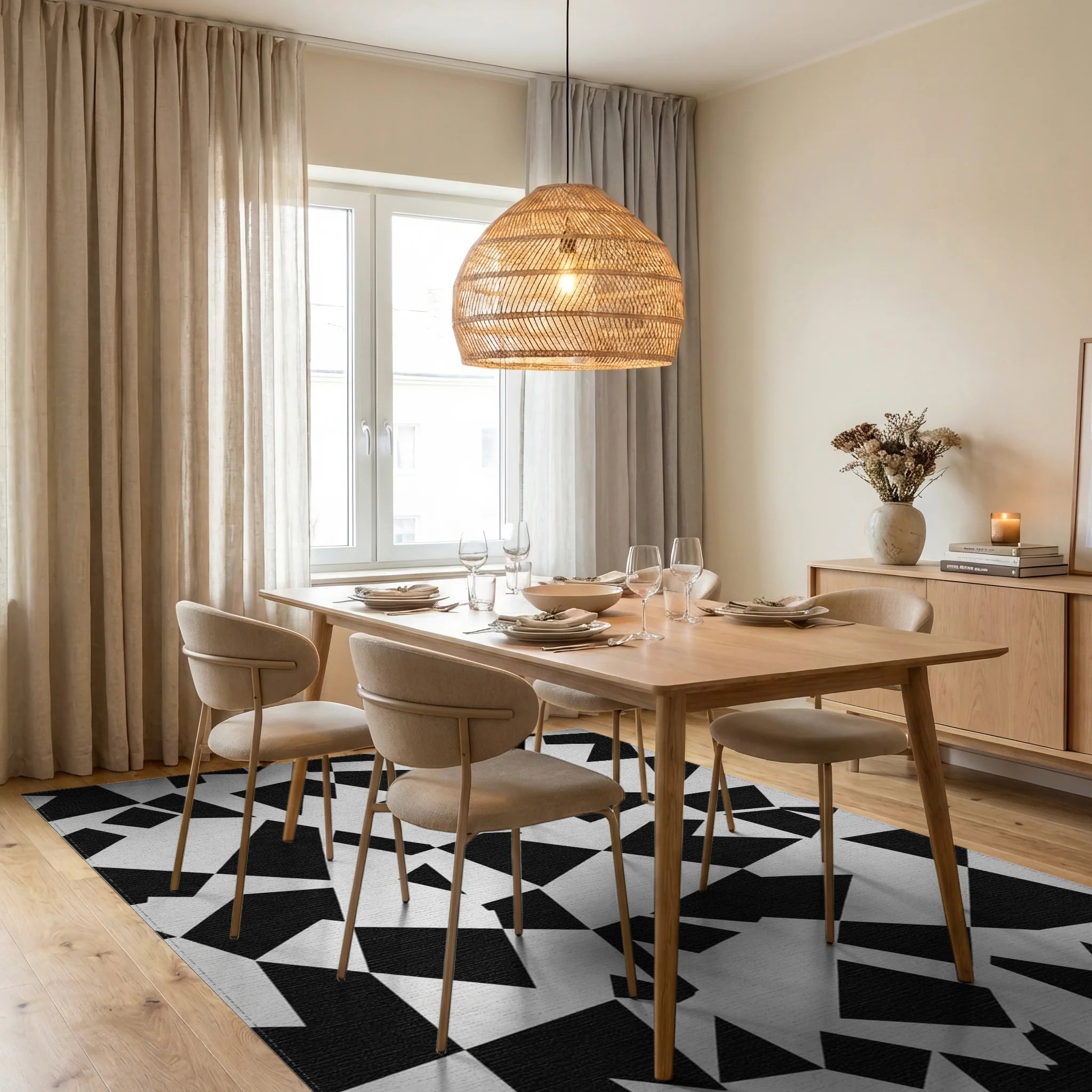 Abstract Black White Geometric Fragment Rug - Dining Room View