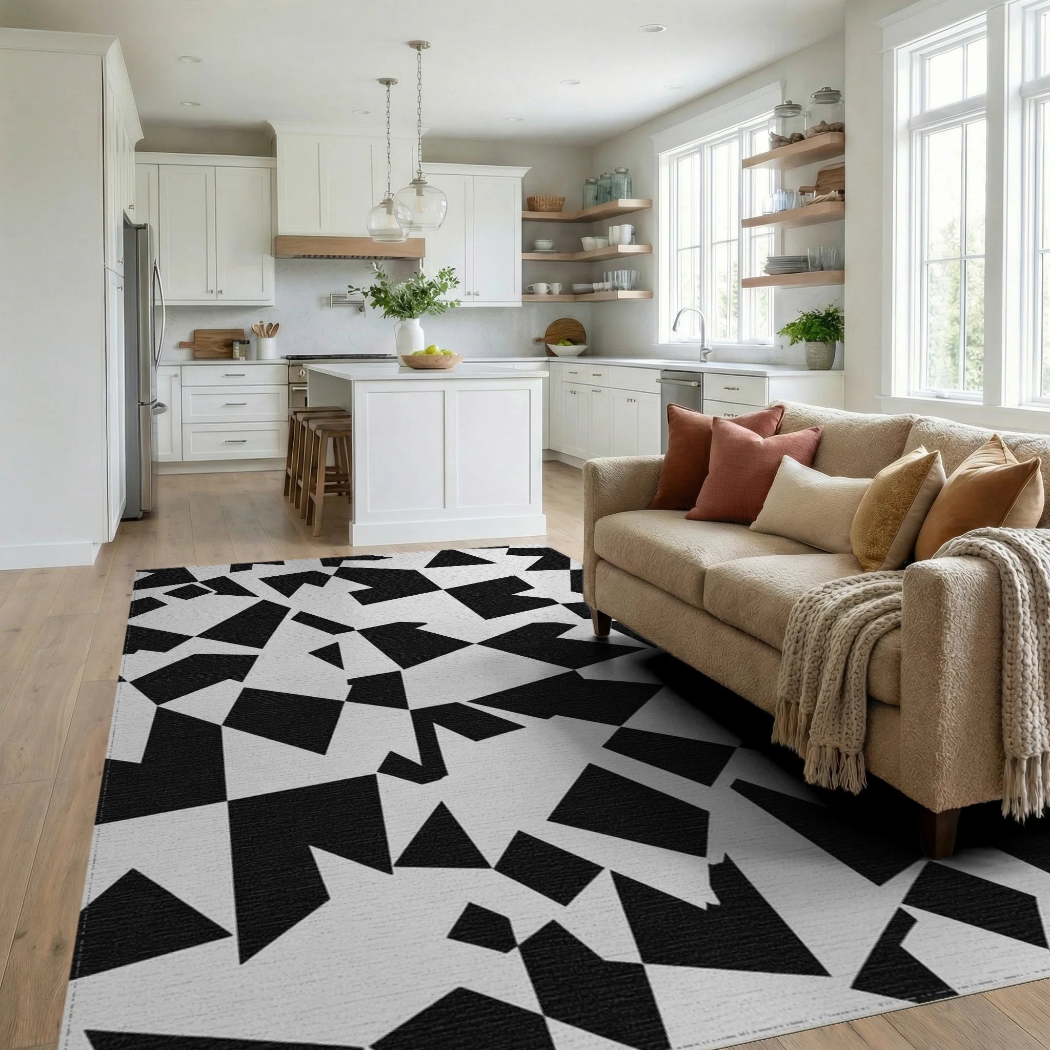 Abstract Black White Geometric Fragment Rug - Living Room View