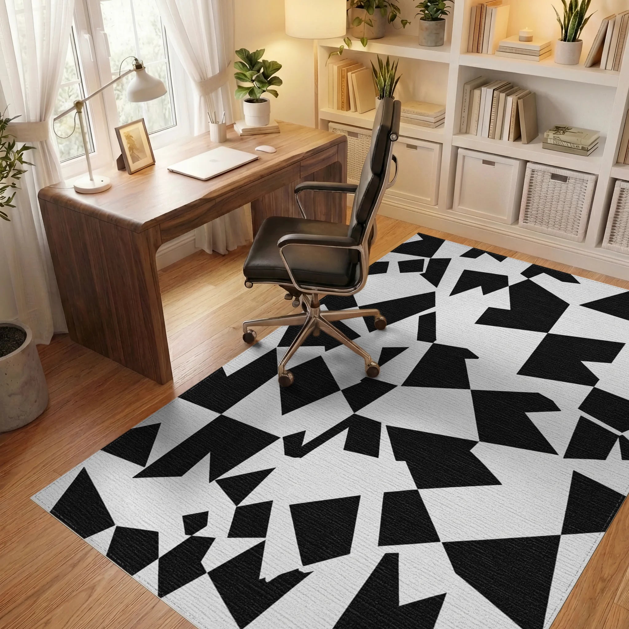 Abstract Black White Geometric Fragment Rug - Office View