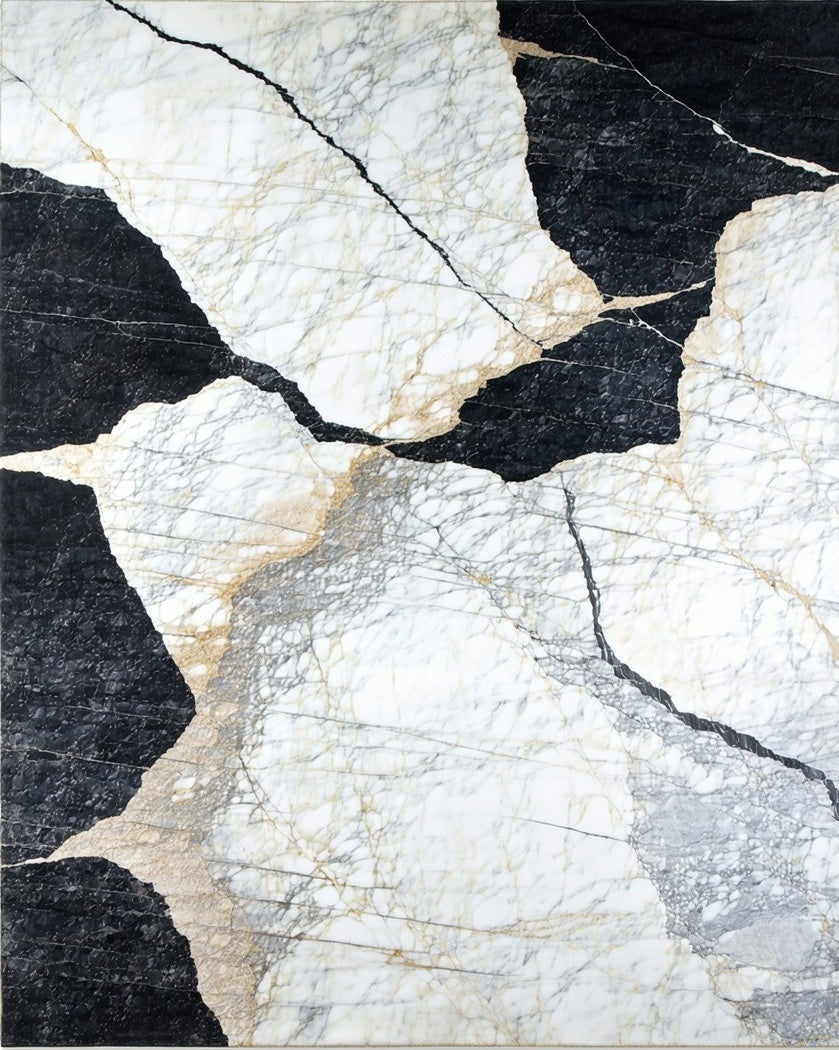 Abstract Marble Veined Black Gold Rug