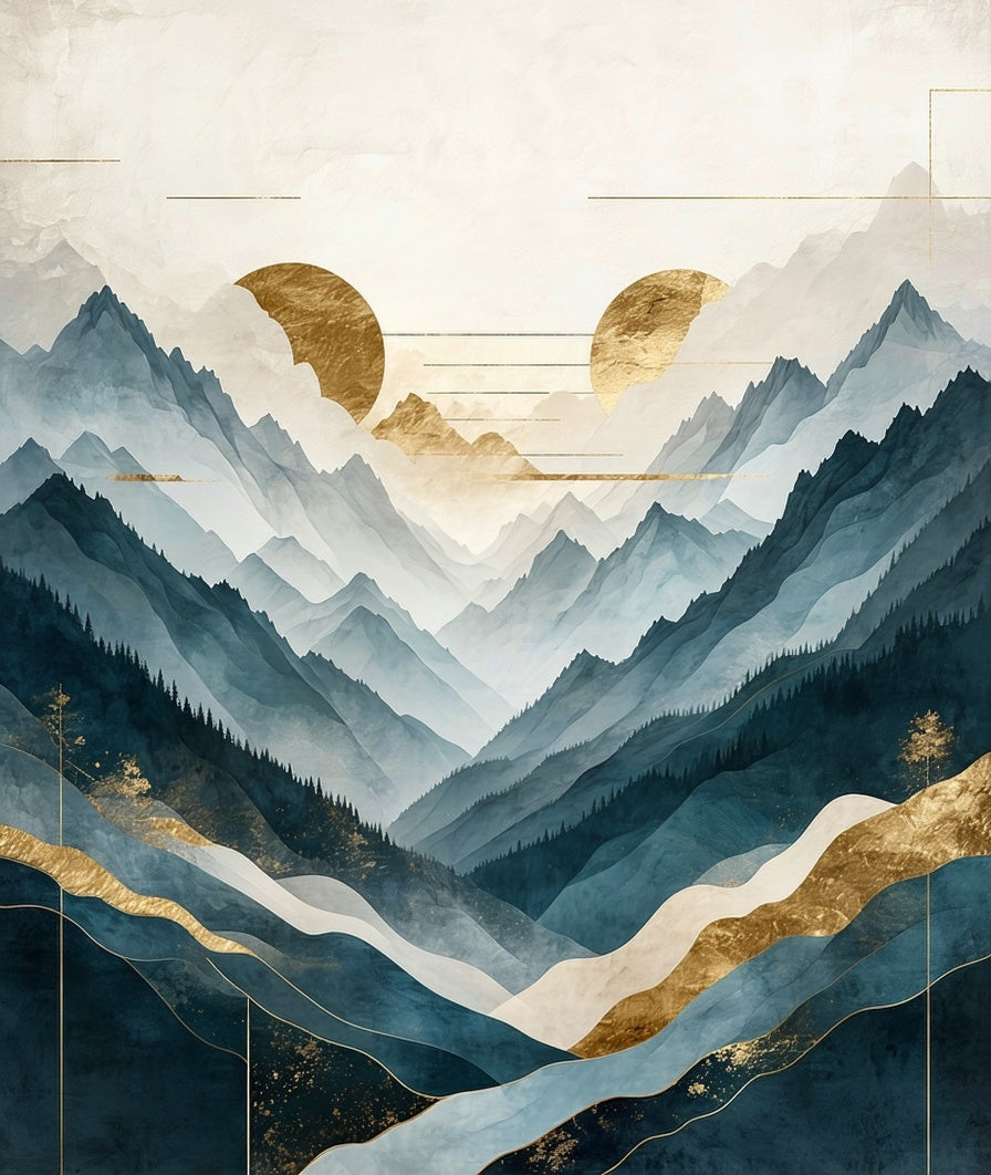 Abstract Mountain Range Gold Accents Rug