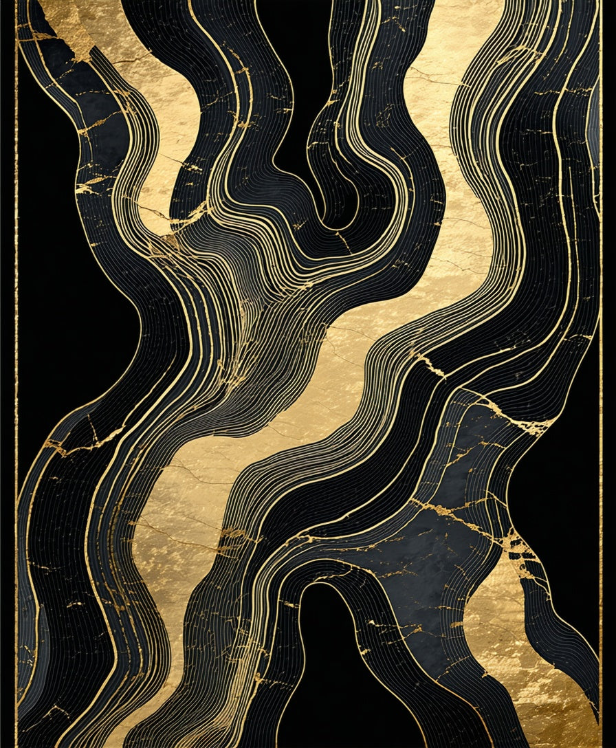 Abstract Gold Wave Black Pattern Rug
