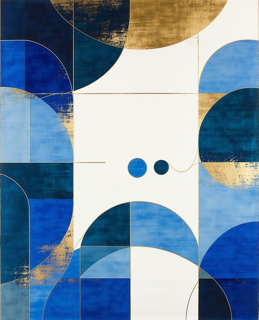 Abstract Geometric Blue Gold Pattern Rug