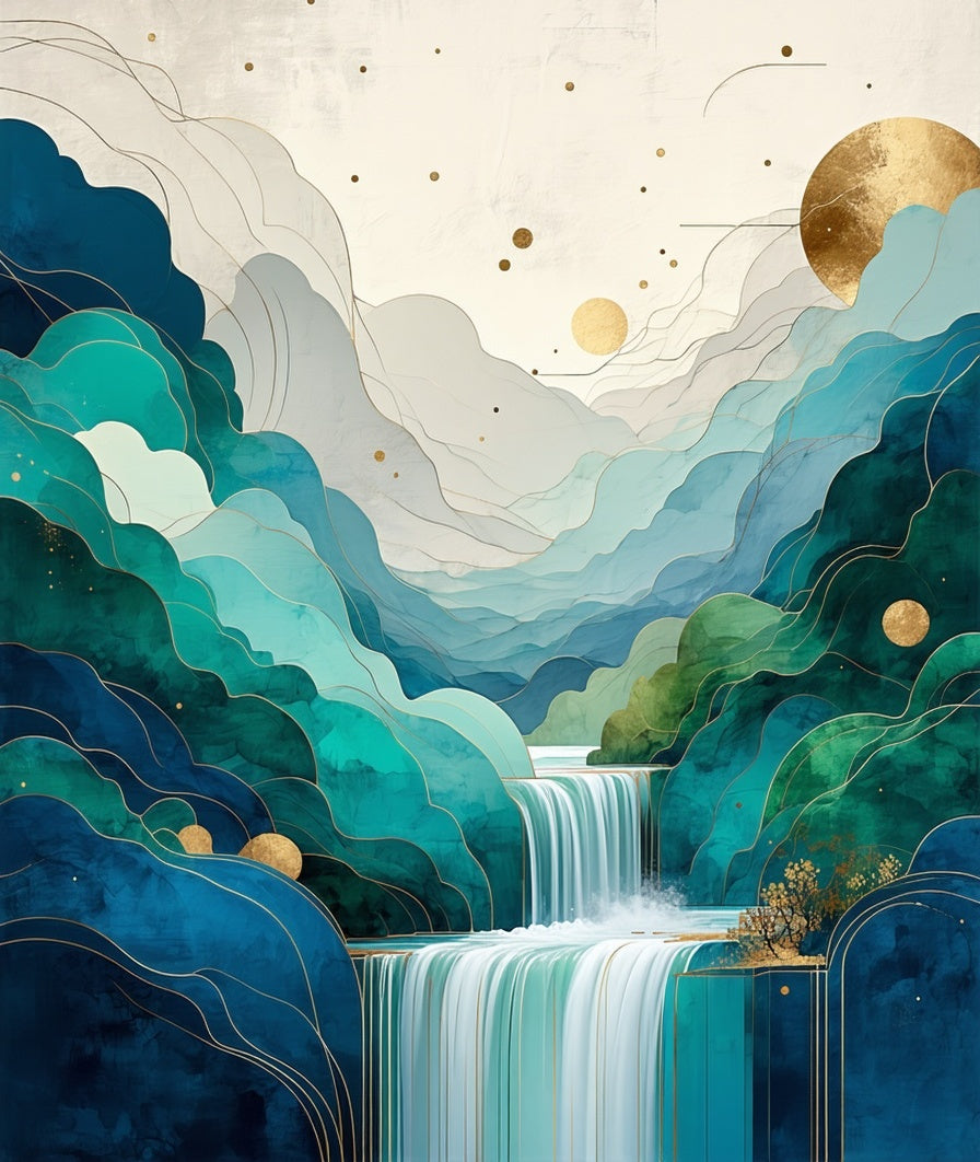 Abstract Mountain Waterfall Gold Accents Rug