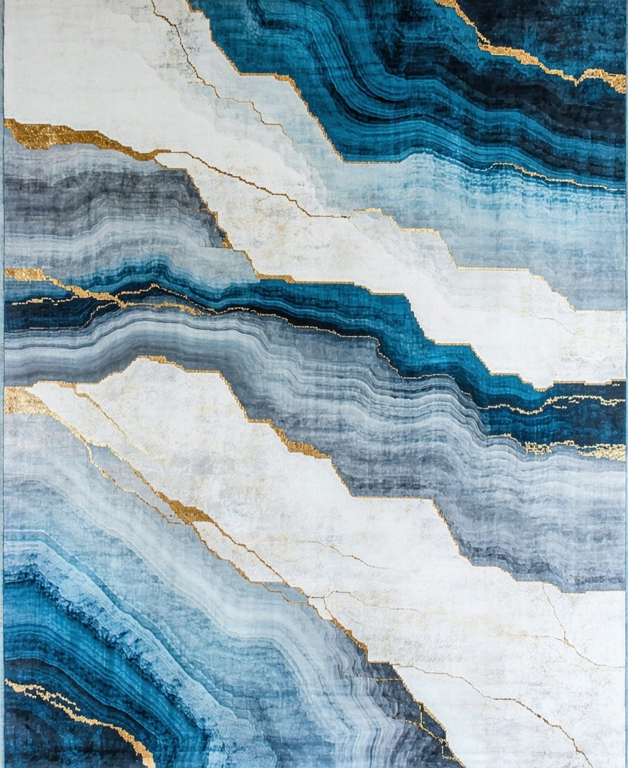 Abstract Blue Gold Marble Pattern Rug