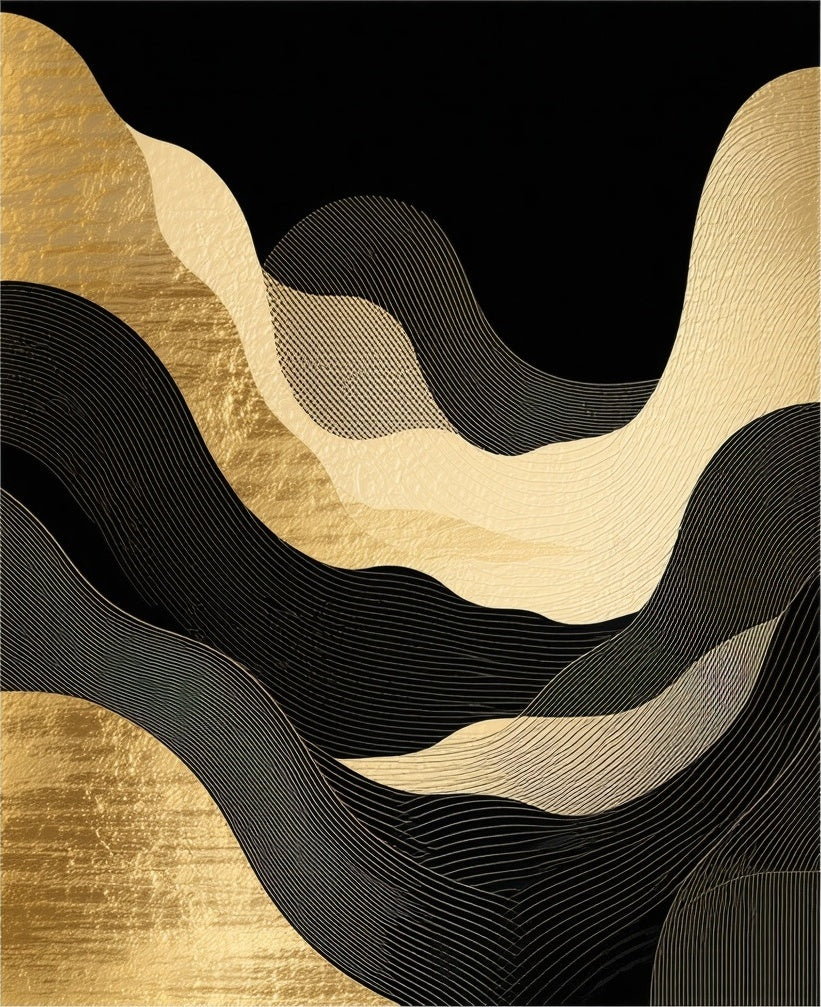 Abstract Gold Black Wavy Lines Rug