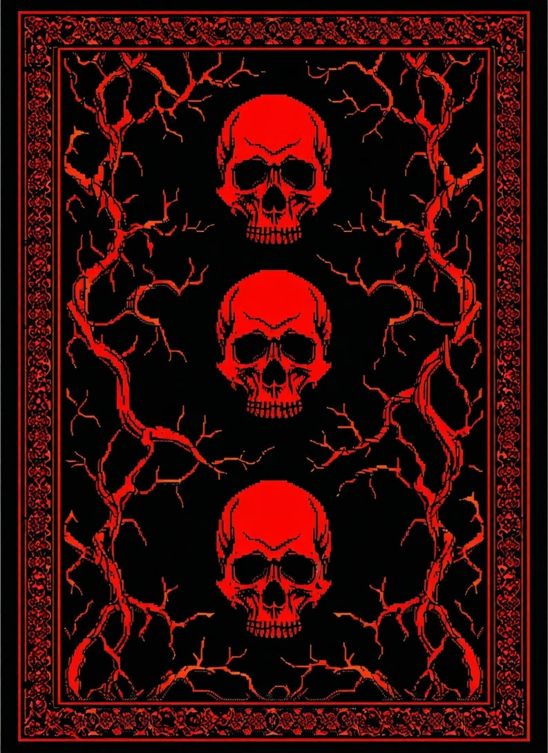 3 Red Skulls Thorny Gothic Rug