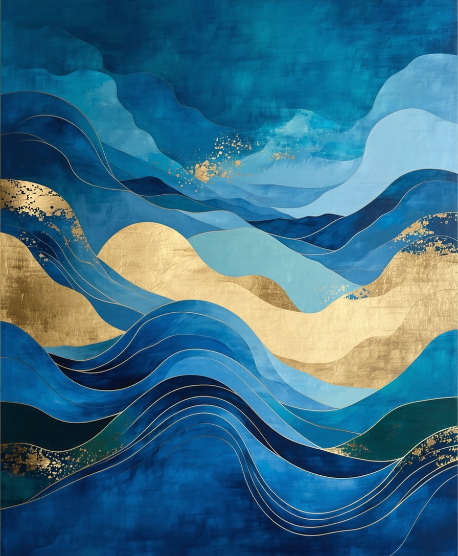 Abstract Blue Gold Wave Rug