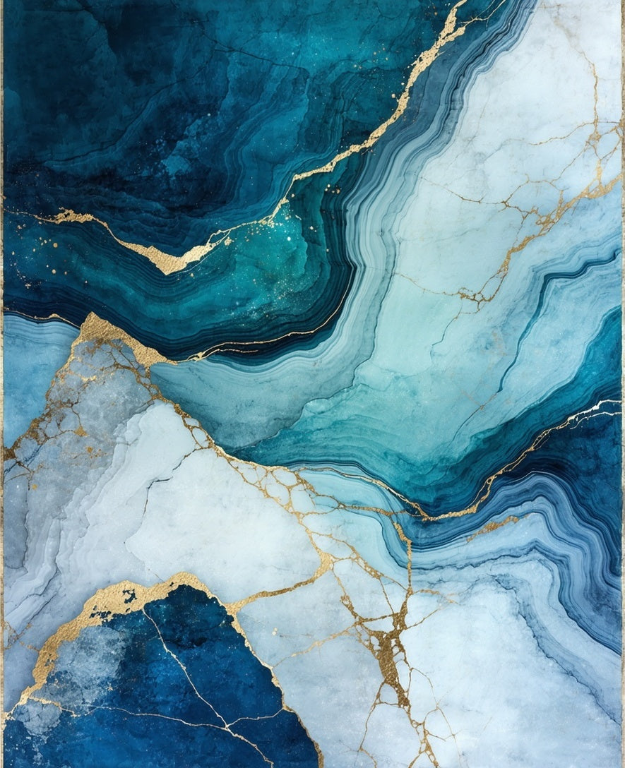 Abstract Blue Gold Veined Design Rug