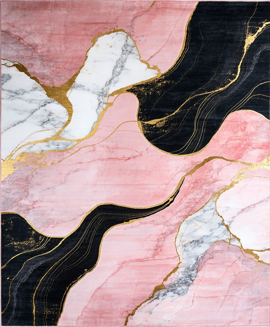 Abstract Pink Gold Marble Wave Rug