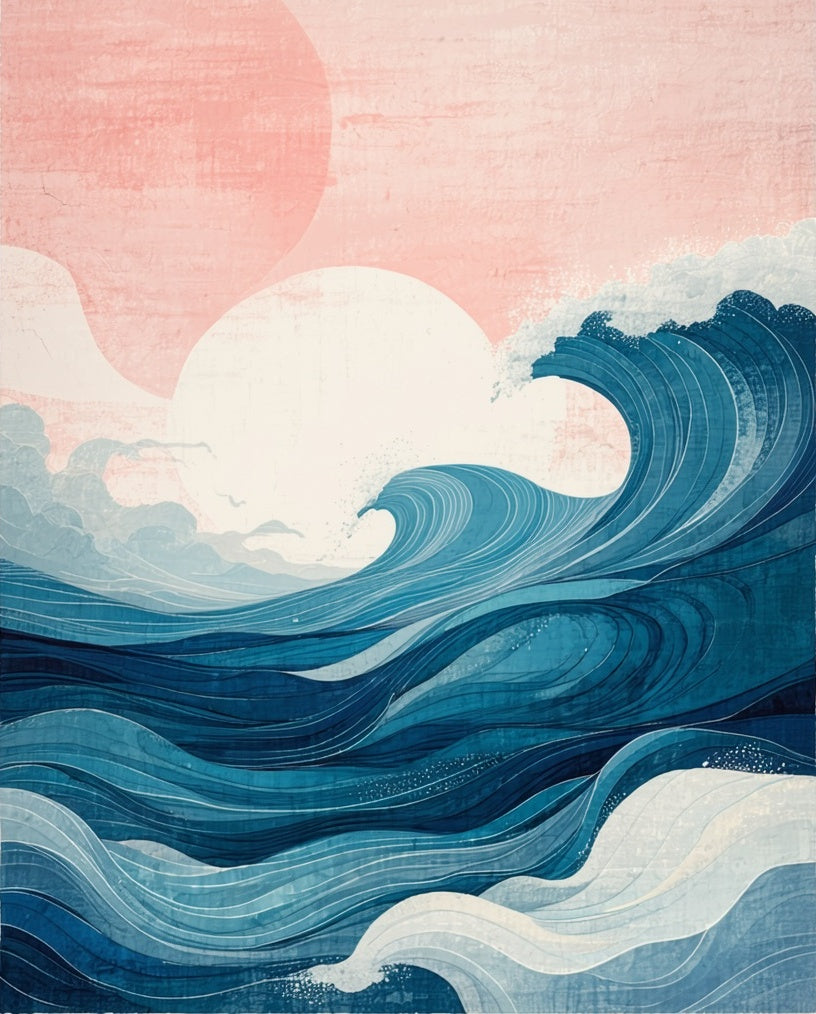 Abstract Pink Sun Blue Waves Rug