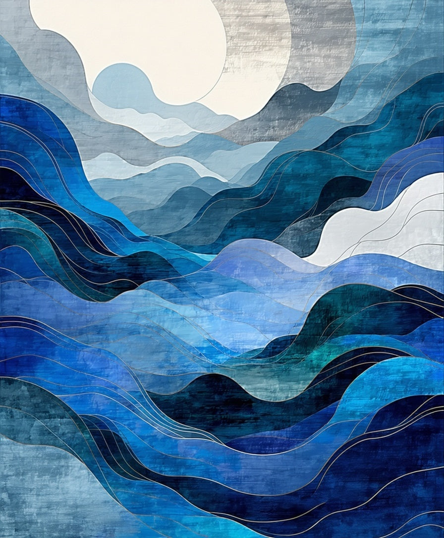Abstract Layered Blue Waves Rug