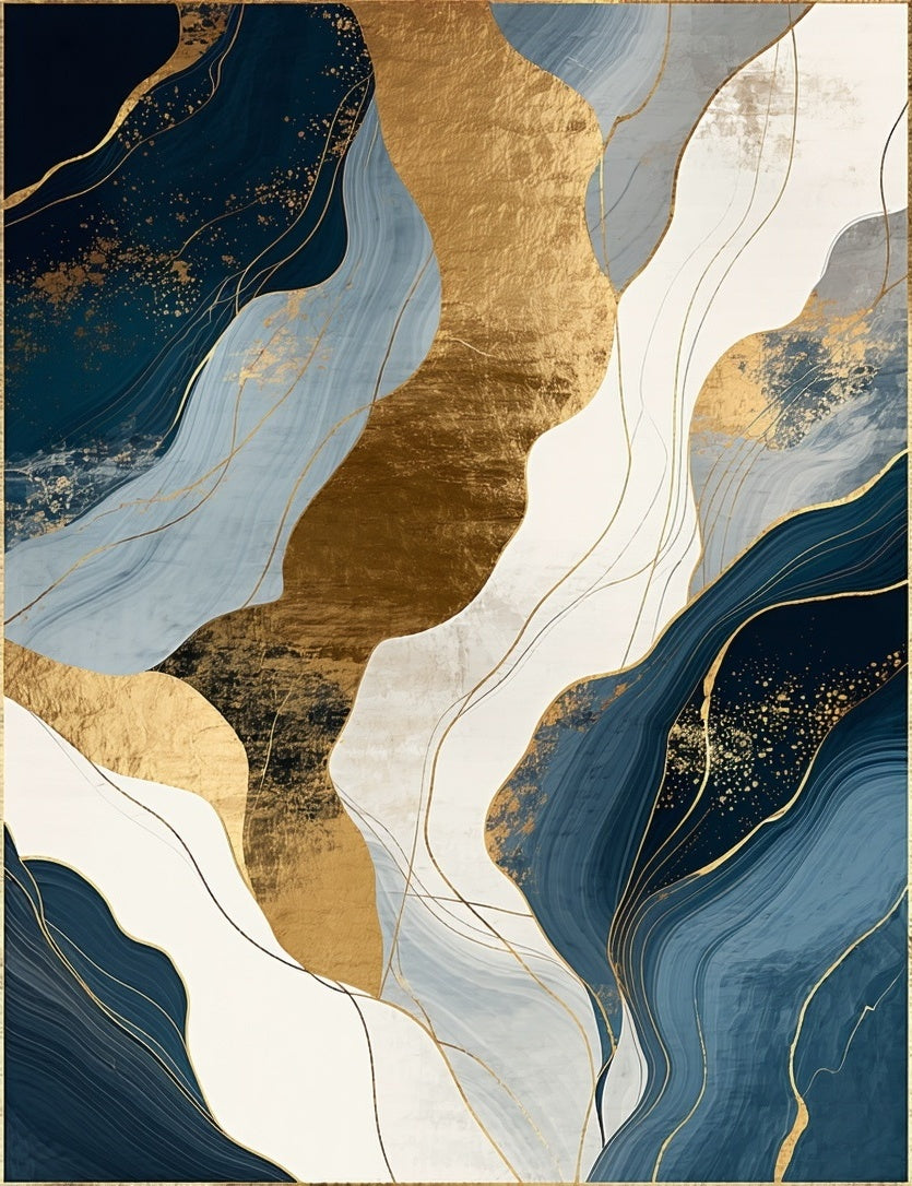 Abstract Blue Gold Wavy Landscape Print Rug
