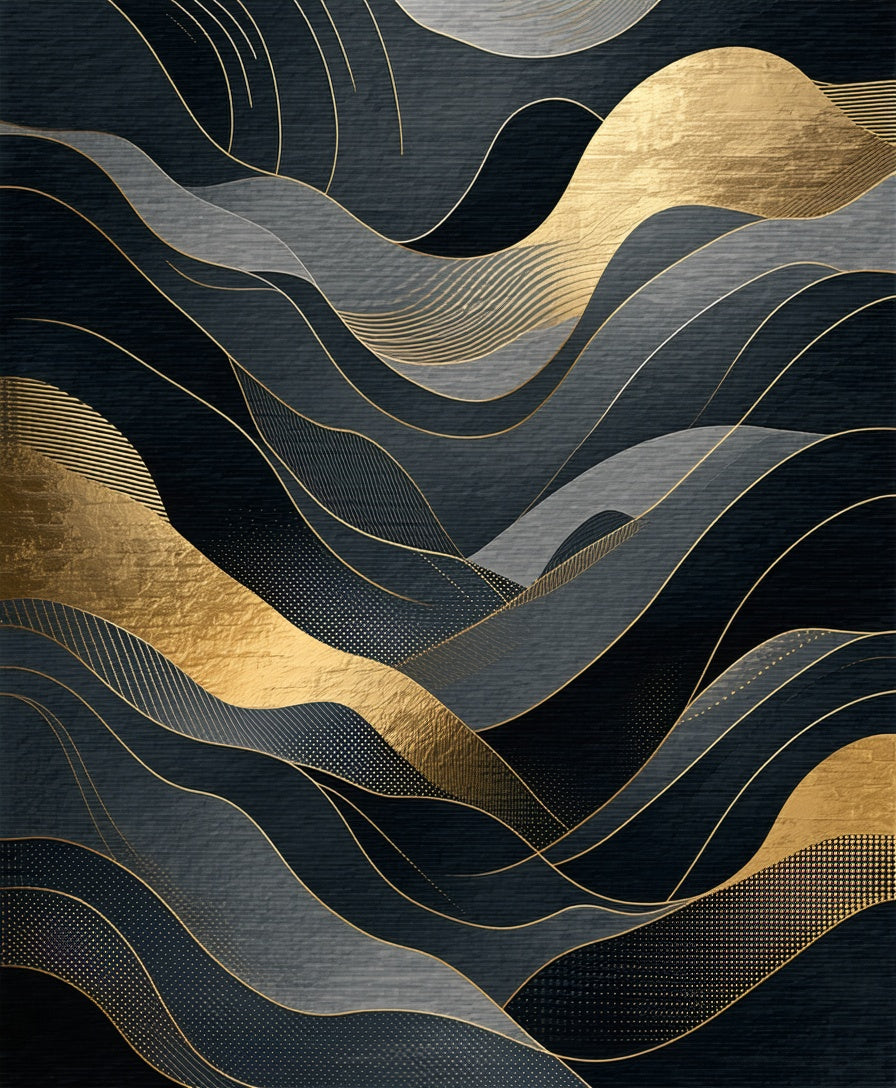 Abstract Gold Gray Wavy Lines Rug