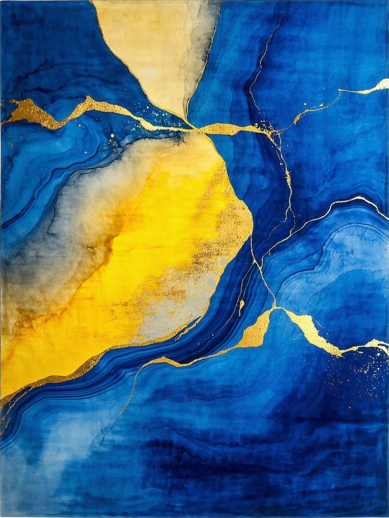 Abstract Gold Veined Blue Yellow Rug
