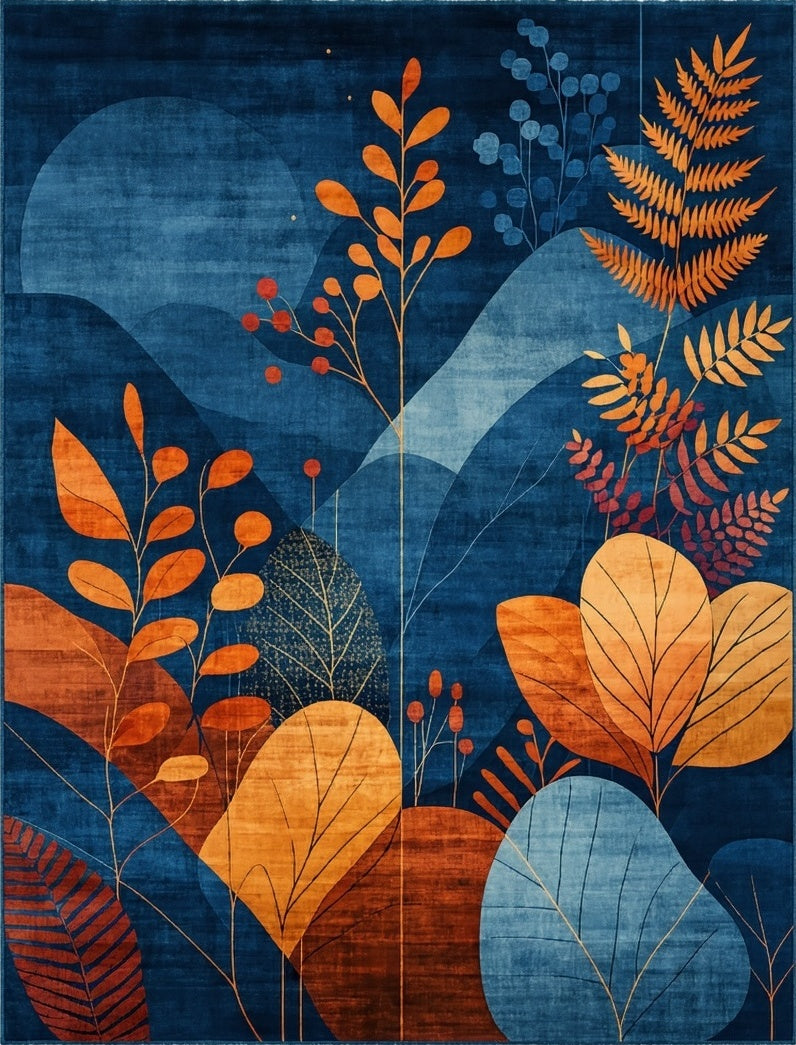 Abstract Botanical Blue And Orange Foliage Rug