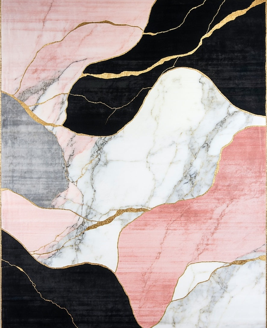 Abstract Marble Geometric Gold Lines Rug