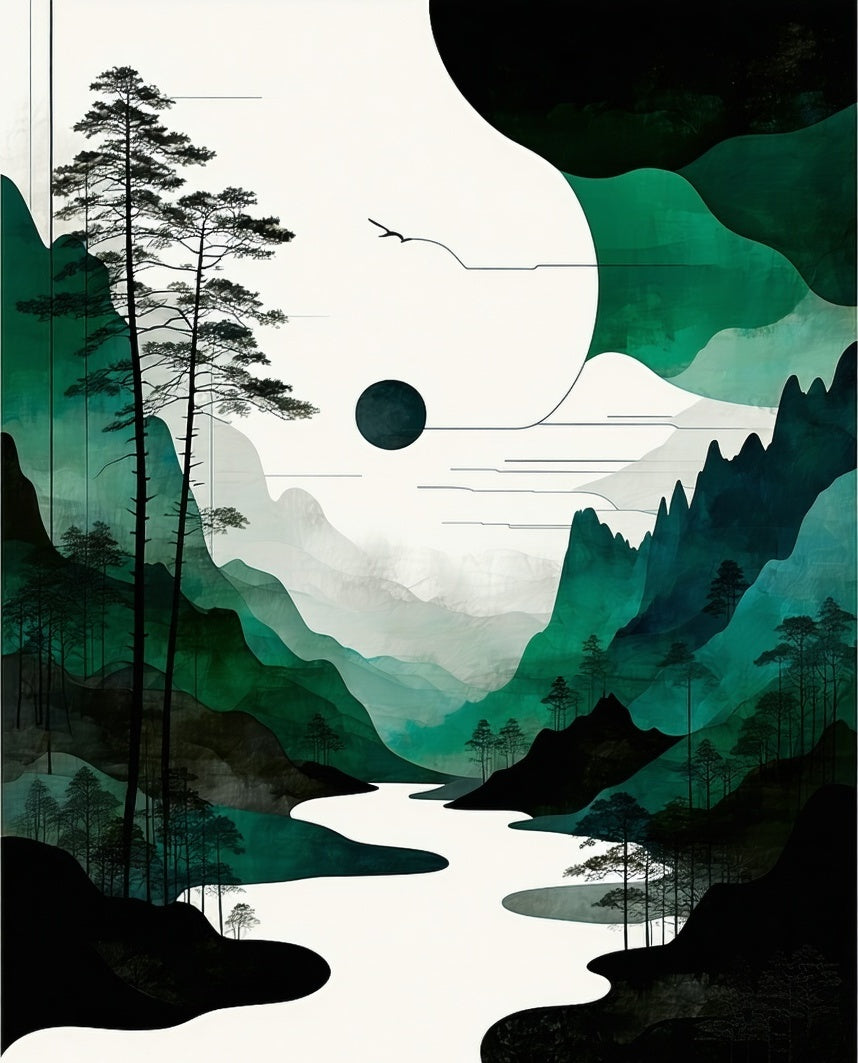 Abstract Green Landscape River Design Rug