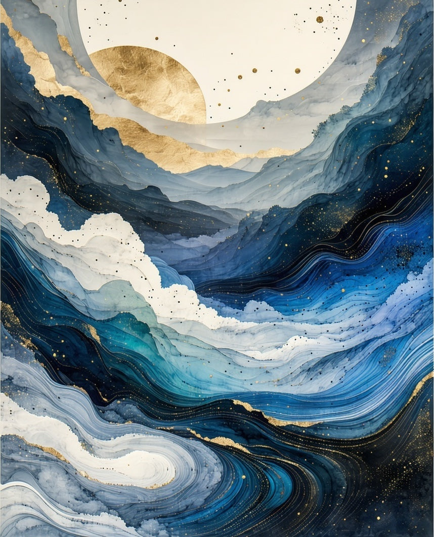 Abstract Blue Gold Mountain Waves Rug