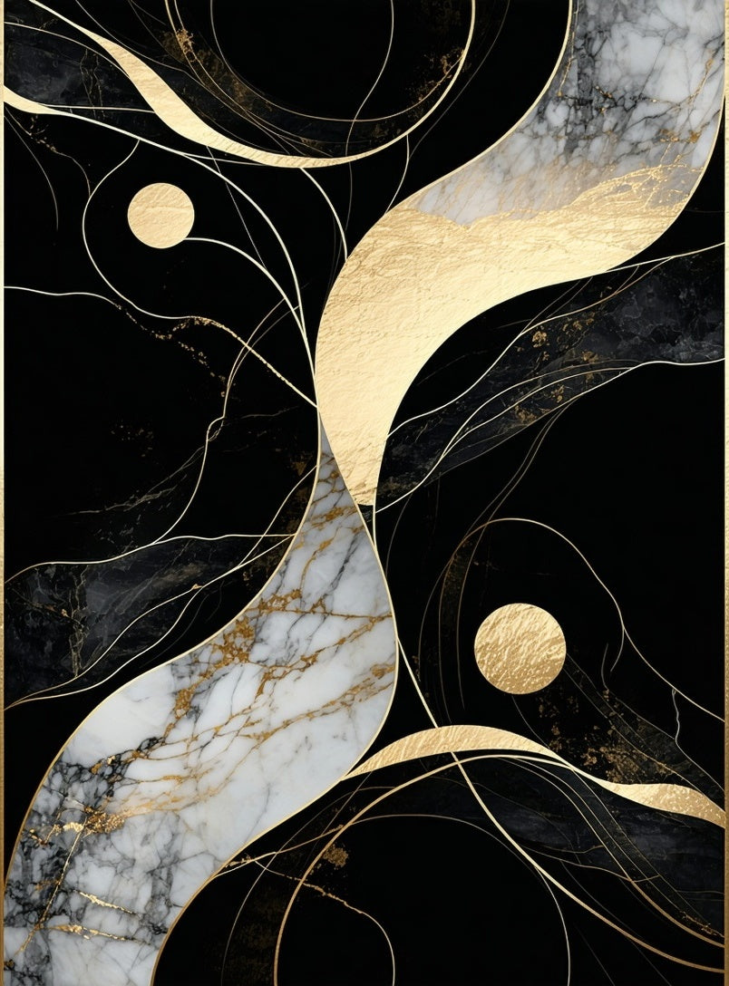 Abstract Black Gold Marble Swirl Rug
