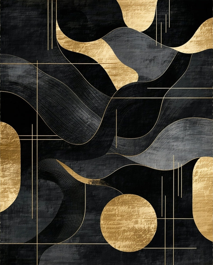 Abstract Black Gold Waves Rug
