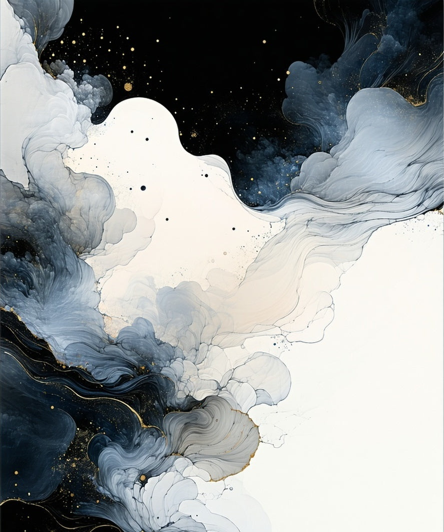 Abstract Ink Swirl Gold Accents Rug