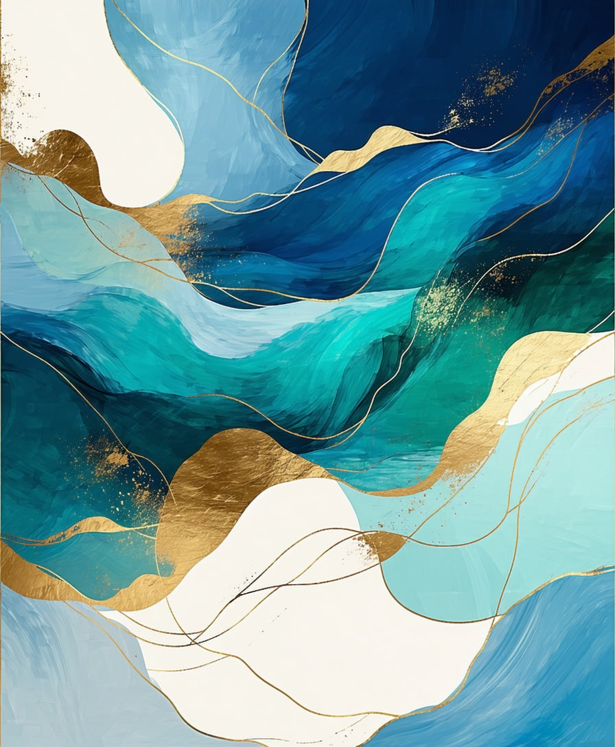Abstract Aqua Gold Wave Pattern Rug