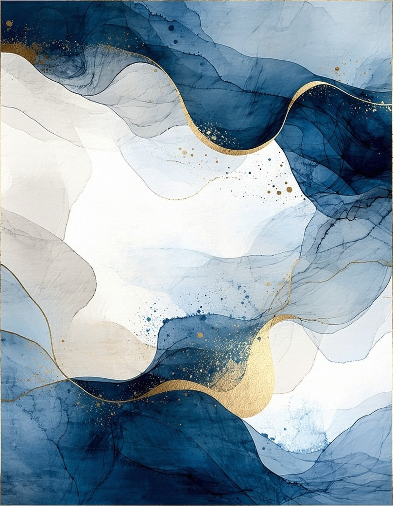 Abstract Blue Gold Wave Pattern Rug